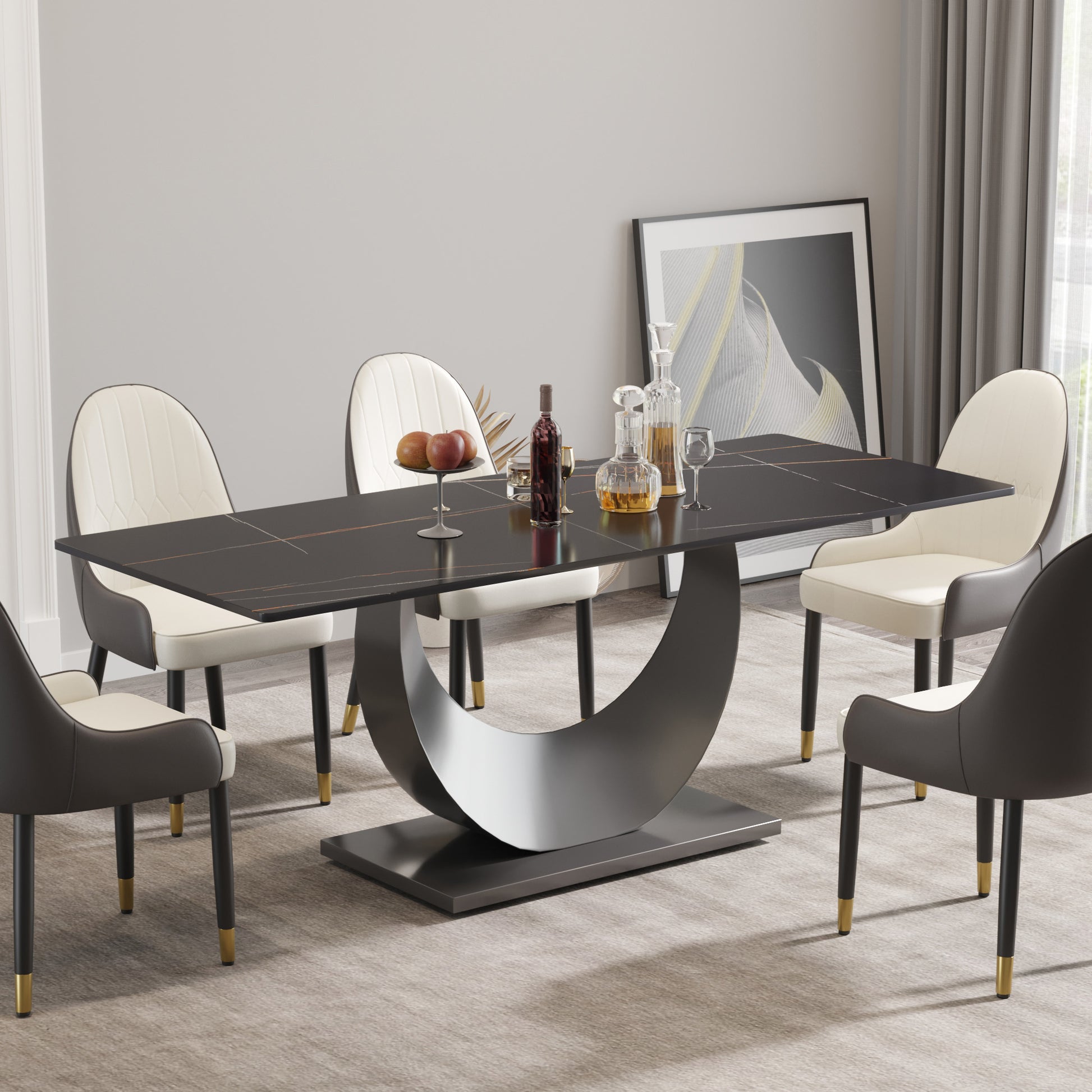 78.74" Modern Artificial Stone Black Crescent Shaped Black Metal Legs Can Accommodate 8 People. Black Metal Sintered Stone