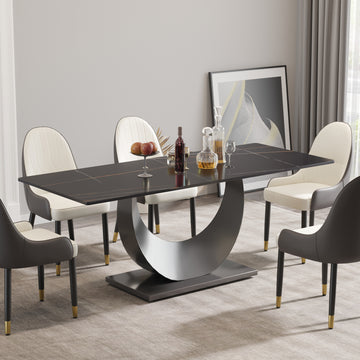 78.74" Modern Artificial Stone Black Crescent Shaped Black Metal Legs Can Accommodate 8 People. Black Metal Sintered Stone