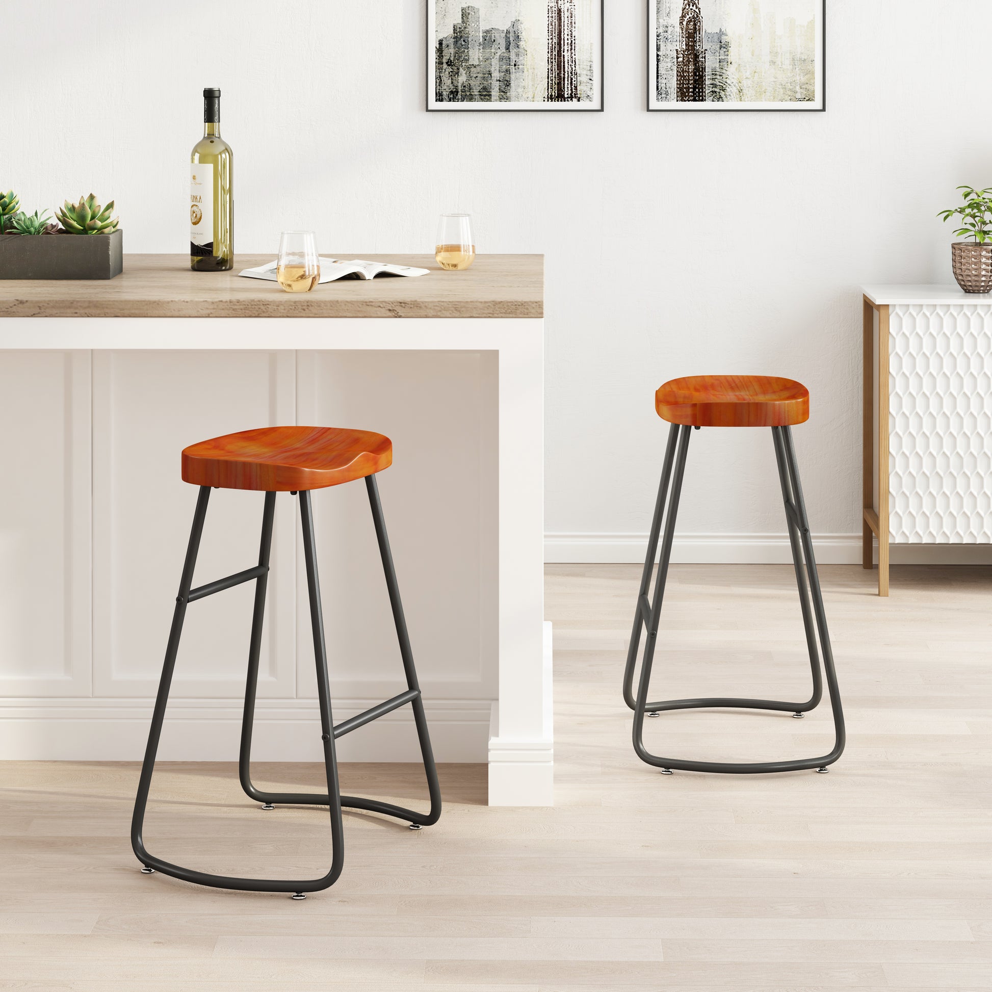 29.52" Stylish And Minimalist Bar Stools Set Of 2, Counter Height Bar Stools, For Kitchen Island, Coffee Shop, Bar, Home Balcony, Brown Brown Bar Stools Metal & Wood