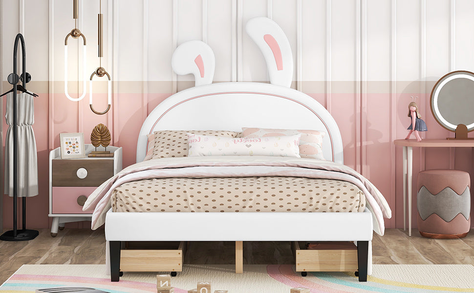 Full Size Upholstered Leather Platform Bed With Rabbit Ornament And 4 Drawers, White White Upholstered