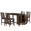 Counter Height 5 Piece Dining Table Set With Faux Marble Tabletop, Solid Wood Table Set With Storage Cabinet And Drawer, Dark Walnut Wood Dining Room Solid Wood Rubberwood Rectangular Sideboard Included Wood Walnut Ladder Back Seats 4 60 Inches Rustic 4