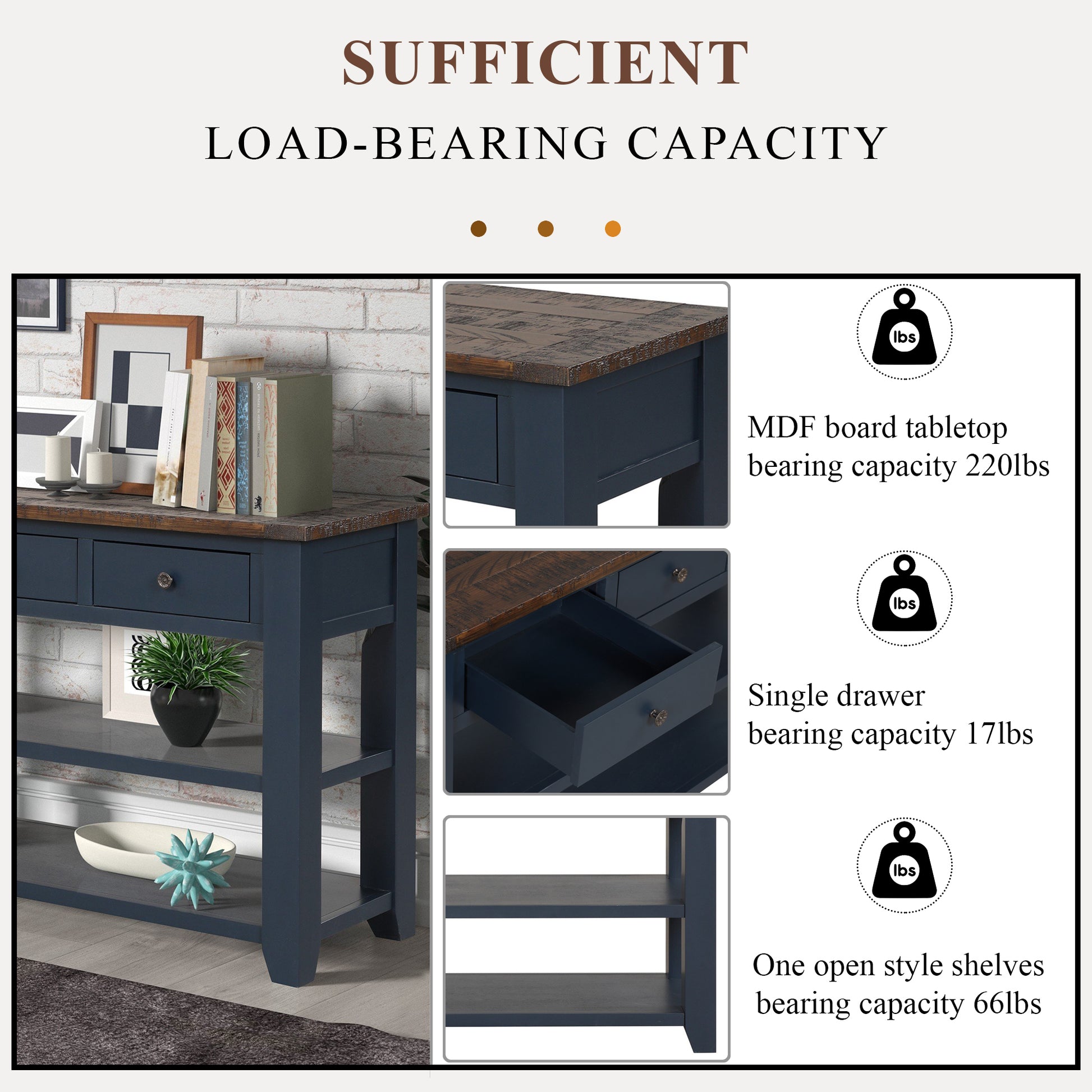 48'' Solid Pine Wood Top Console Table, Modern blue-pine