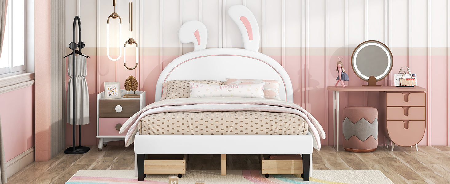 Full Size Upholstered Leather Platform Bed With Rabbit Ornament And 4 Drawers, White White Upholstered