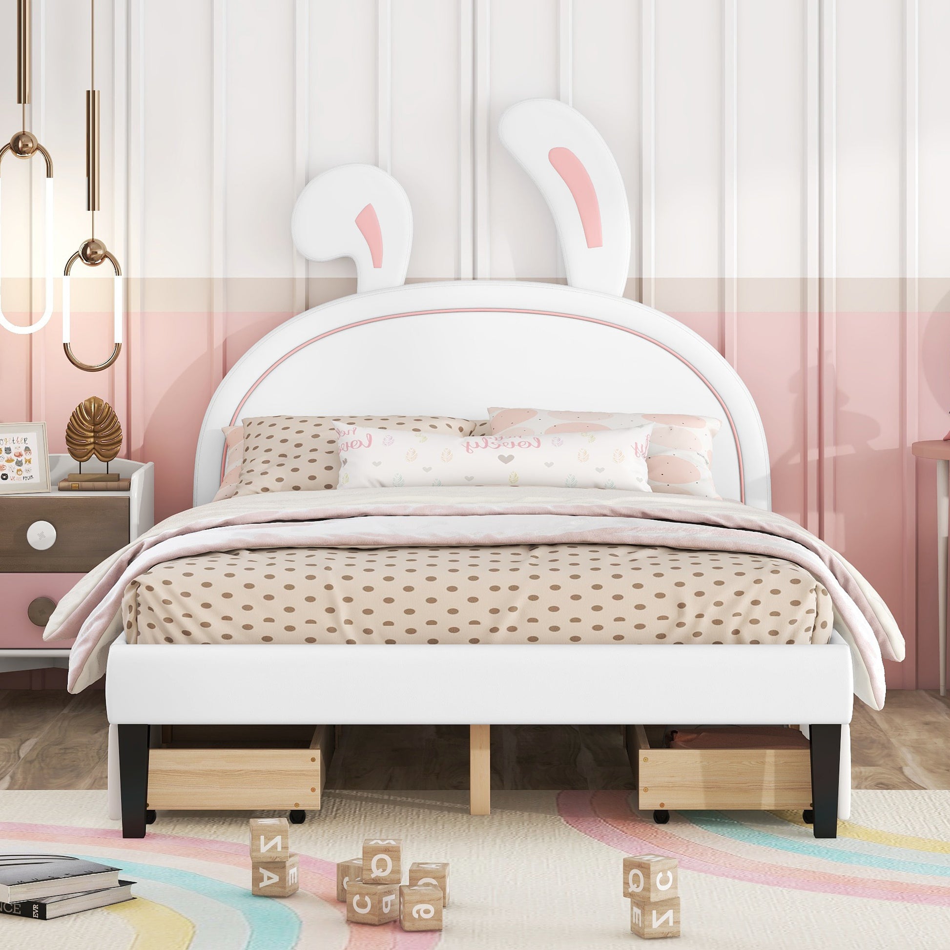 Full Size Upholstered Leather Platform Bed With Rabbit Ornament And 4 Drawers, White White Upholstered