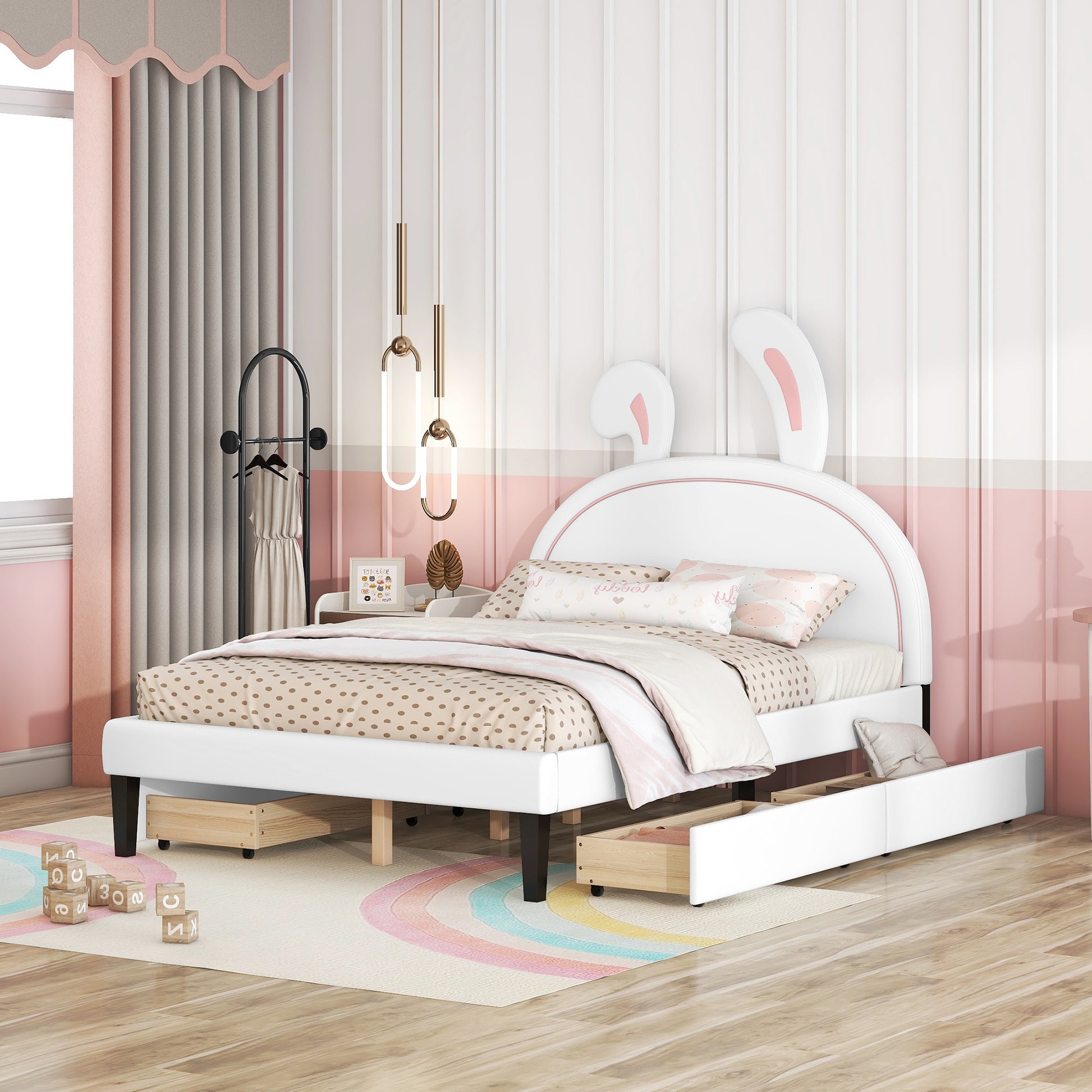 Full Size Upholstered Leather Platform Bed With Rabbit Ornament And 4 Drawers, White White Upholstered