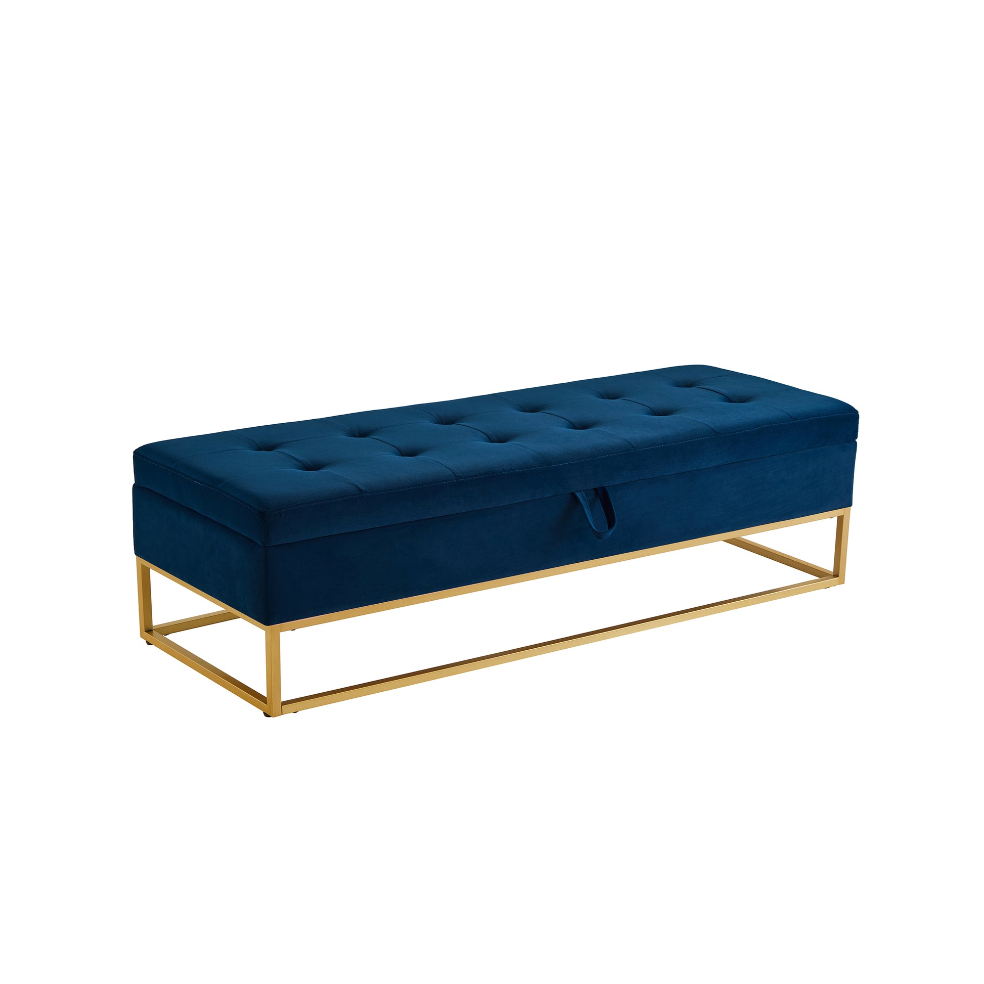 58.6" Bed Bench Metal Base With Storage Navy Blue Velvet Navy Blue Foam Velvet