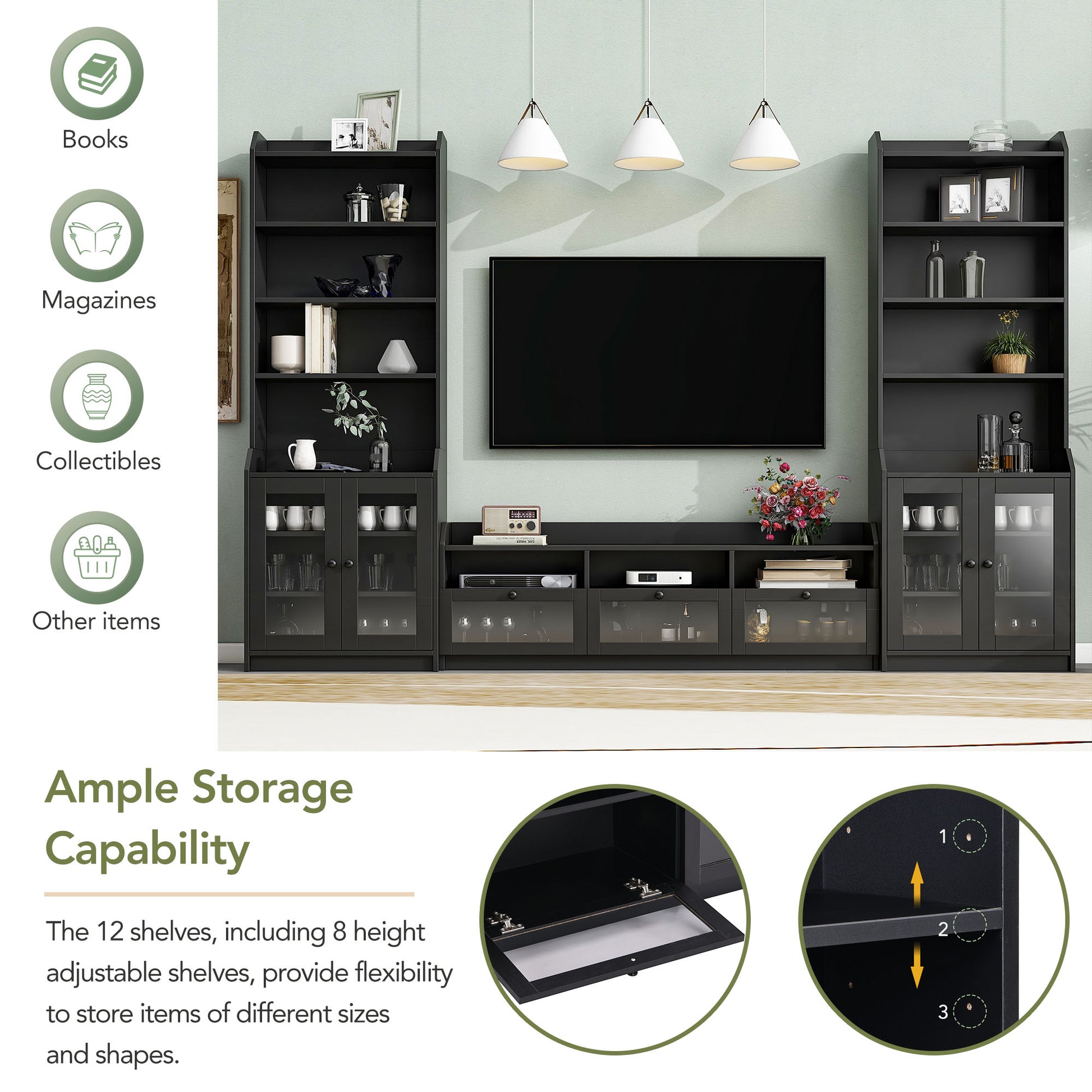 Chic Elegant Entertainment Wall Unit With Tall Cabinets, Modern Tv Console Table For Tvs Up To 65", Multifunctional Tv Stand Set With Acrylic Board Door, Black Black Primary Living Space 60 69 Inches 60 69 Inches 65 Inches Particle Board