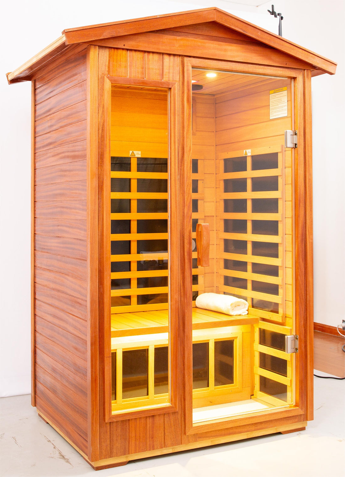 Two Person Far Infrared Khaya Wood Outdoor Sauna Room Natural Wood Wood Stainless Steel