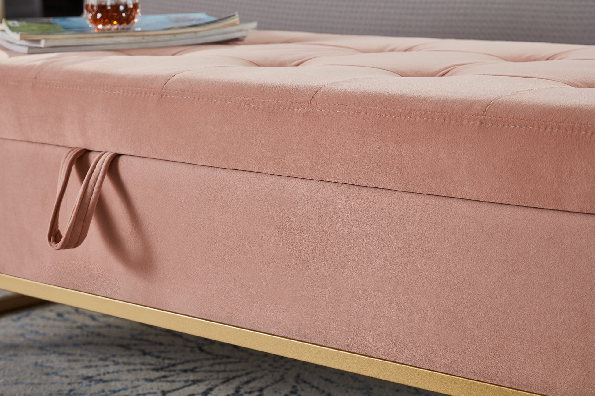 58.6" Bed Bench Metal Base With Storage Pink Velvet Pink Foam Velvet