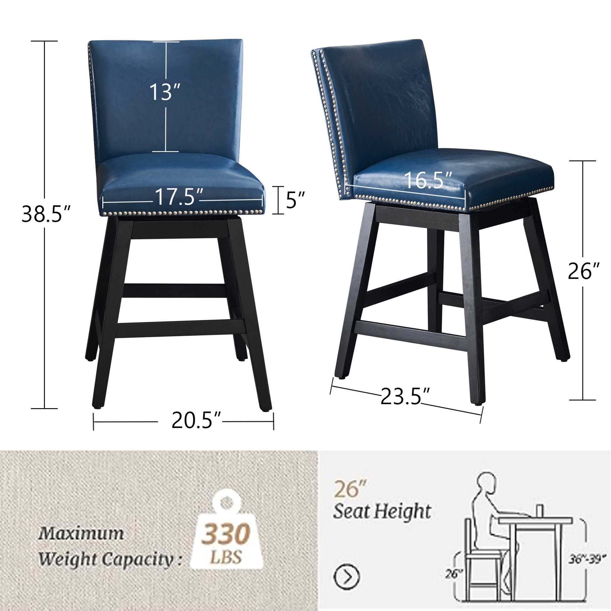 26" Upholstered Swivel Bar Stools Set Of 2, Modern Pu Leather High Back Counter Stools With Nail Head Design And Wood Frame Rubberwood Dark Blue Brown Dining Room Sponge American Traditional Bar Stools Rubberwood Upholstered Fabric