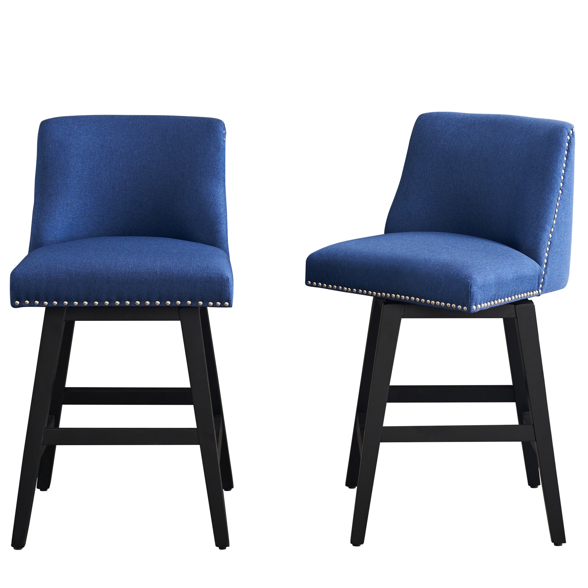 26" Upholstered Swivel Bar Stools Set Of 2, Modern Linen Fabric High Back Counter Stools With Nail Head Design And Wood Frame Rubberwood Dark Blue Brown Dining Room Sponge American Traditional Bar Stools Rubberwood Upholstered Fabric