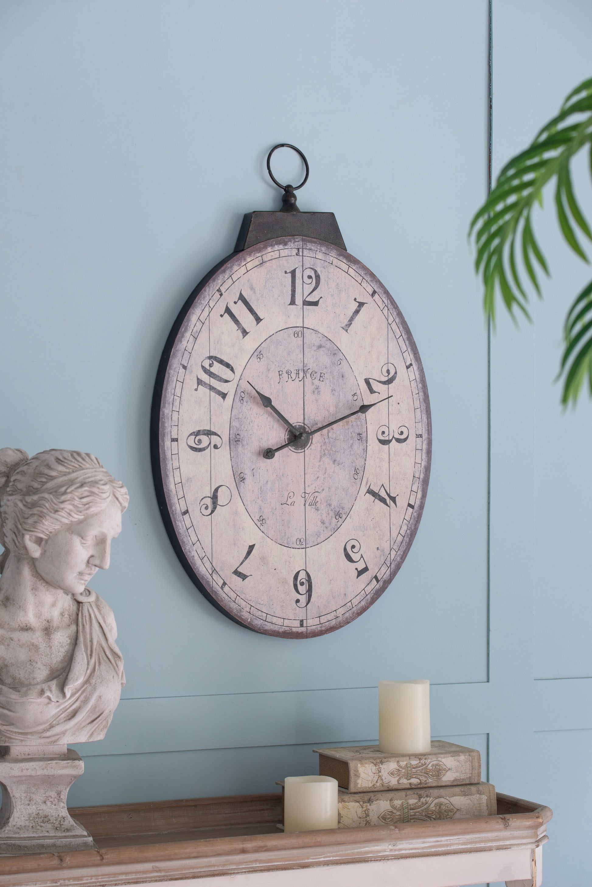 18" X 29" Antique White Oval Wall Clock, Traditional Vintage Home Decor Clock Ivory Mdf