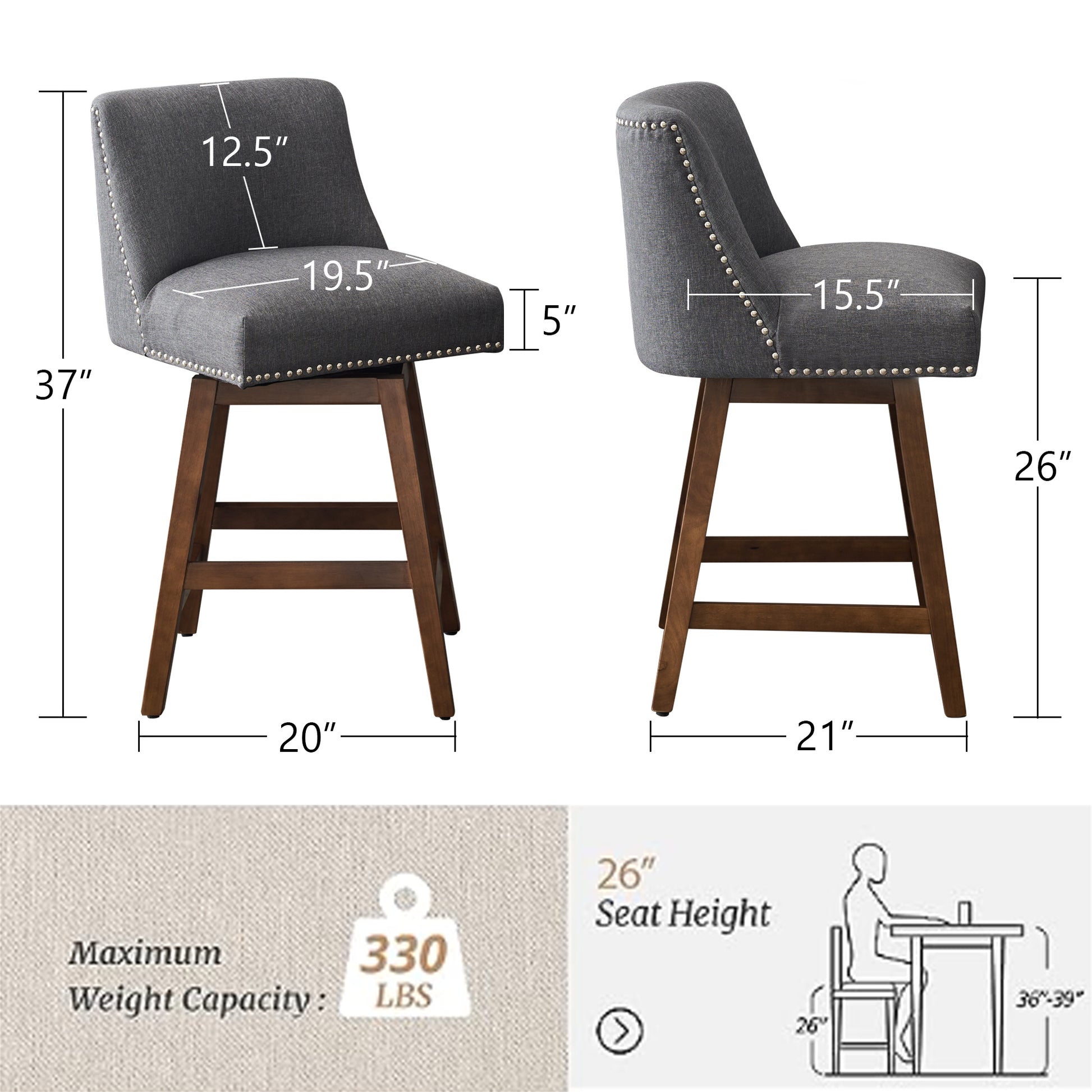 26" Upholstered Swivel Bar Stools Set Of 2, Modern Linen Fabric High Back Counter Stools With Nail Head Design And Wood Frame Rubberwood Grey Brown Dining Room Sponge American Traditional Bar Stools Rubberwood Upholstered Fabric