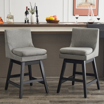 26" Upholstered Swivel Bar Stools Set Of 2, Modern Linen Fabric High Back Counter Stools With Ergonomic Design And Wood Frame Rubberwood Grey Brown Dining Room Sponge American Traditional Bar Stools Rubberwood Upholstered Fabric