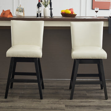 26" Upholstered Swivel Bar Stools Set Of 2, Modern Pu Leather High Back Counter Stools With Nail Head Design And Wood Frame Rubberwood Cream White Brown Dining Room Sponge American Traditional Bar Stools Rubberwood Upholstered Fabric