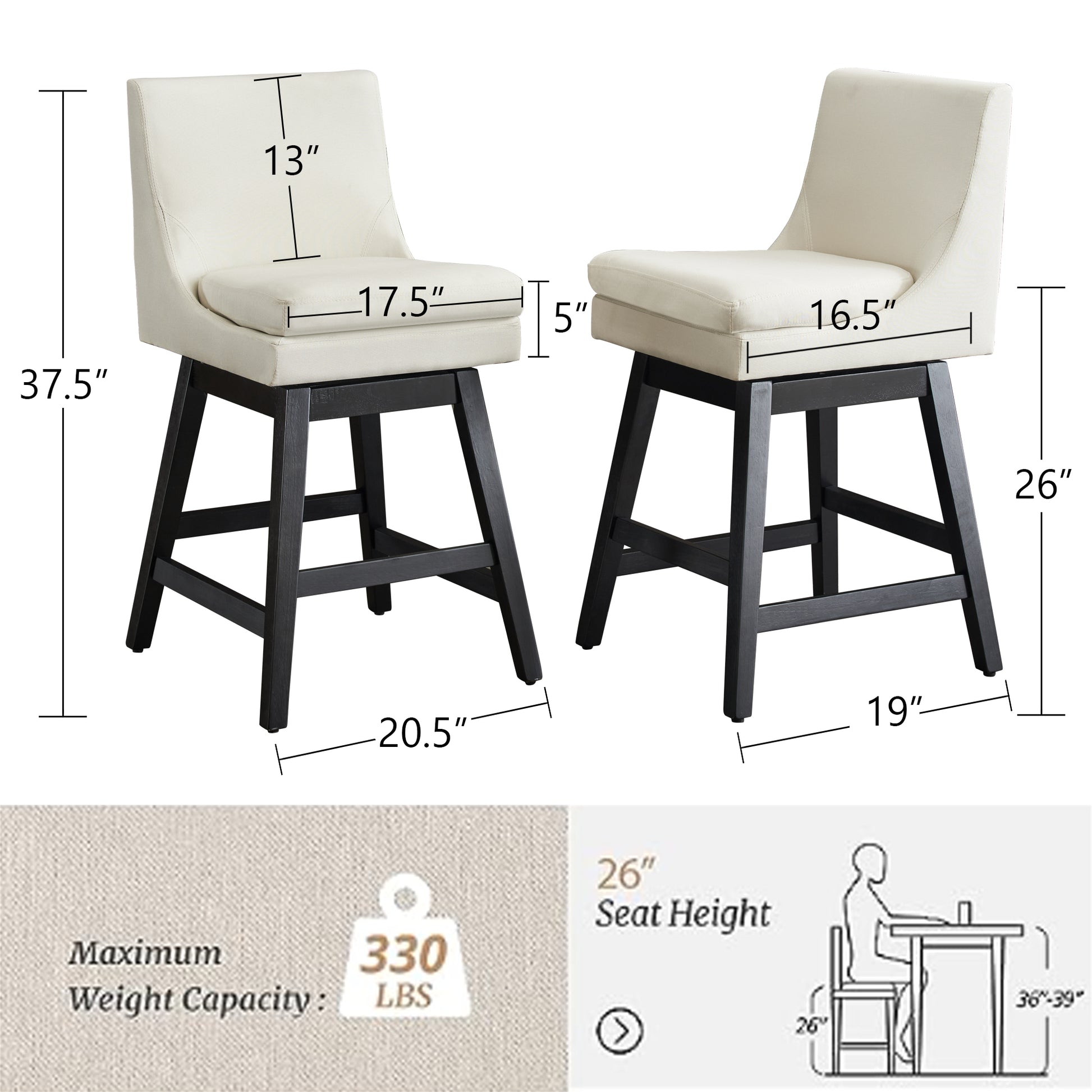 26" Upholstered Swivel Bar Stools Set Of 2, Modern Linen Fabric High Back Counter Stools With Ergonomic Design And Wood Frame Rubberwood Cream White Brown Dining Room Sponge American Traditional Bar Stools Rubberwood Upholstered Fabric