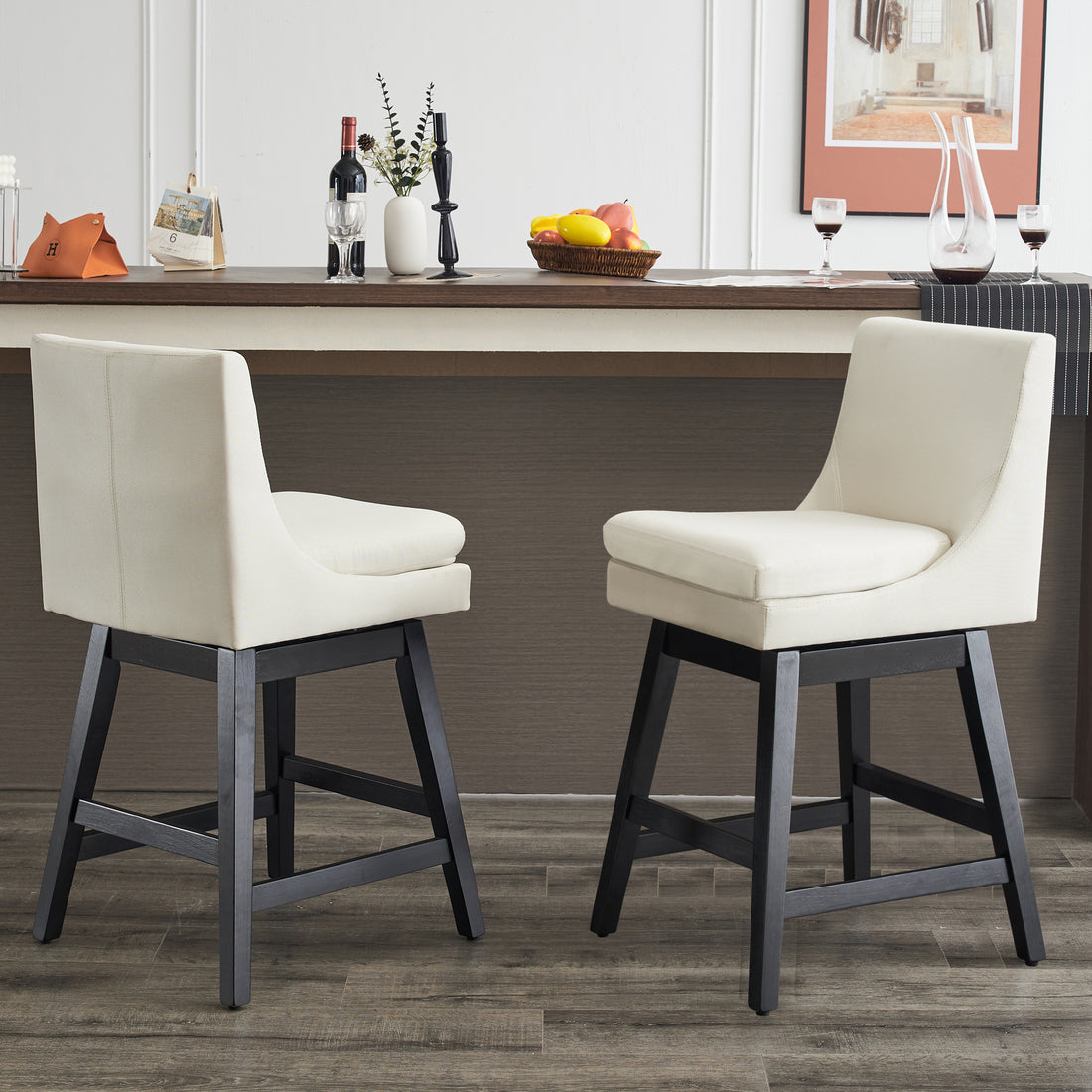 26" Upholstered Swivel Bar Stools Set Of 2, Modern Linen Fabric High Back Counter Stools With Ergonomic Design And Wood Frame Rubberwood Cream White Brown Dining Room Sponge American Traditional Bar Stools Rubberwood Upholstered Fabric