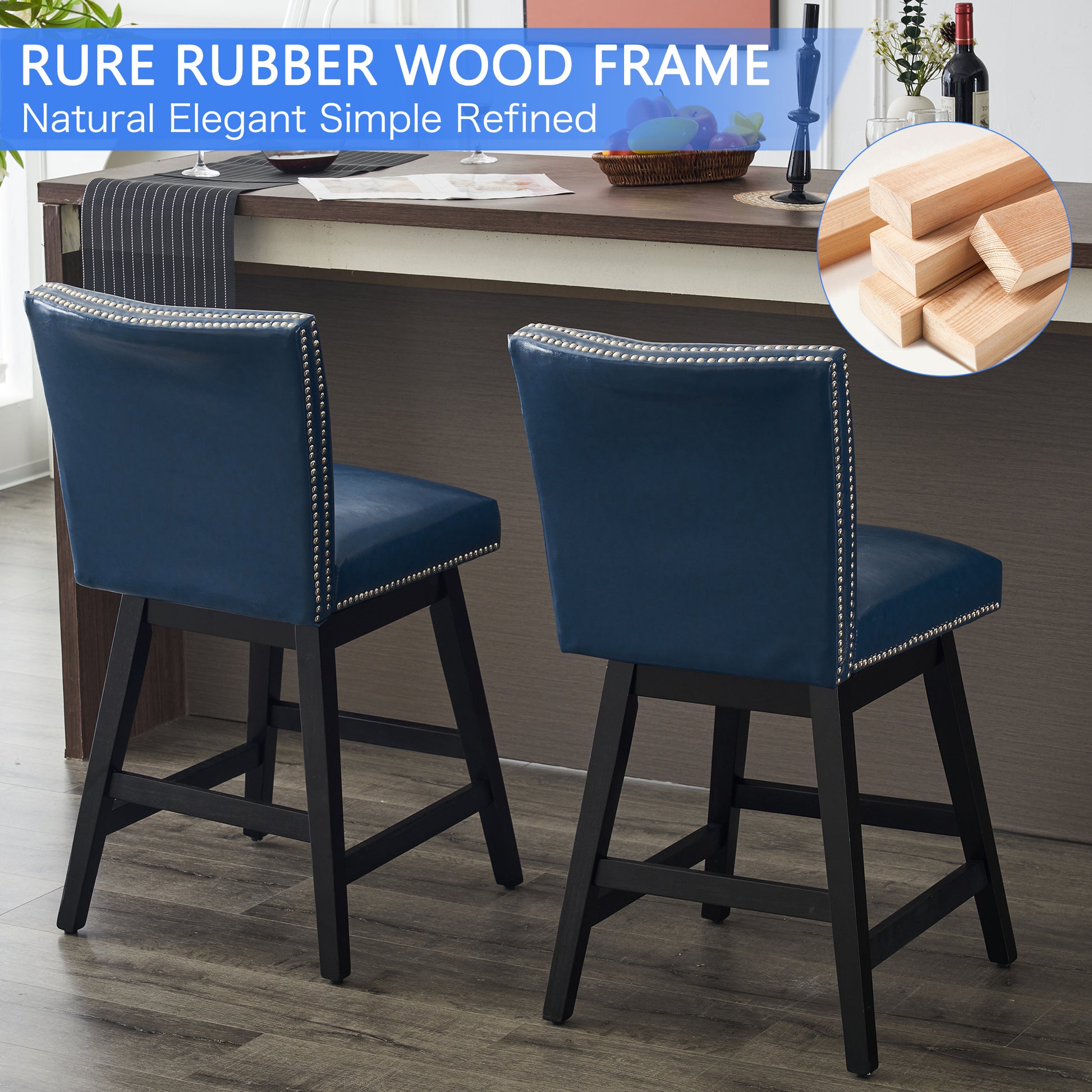 26" Upholstered Swivel Bar Stools Set Of 2, Modern Pu Leather High Back Counter Stools With Nail Head Design And Wood Frame Rubberwood Dark Blue Brown Dining Room Sponge American Traditional Bar Stools Rubberwood Upholstered Fabric