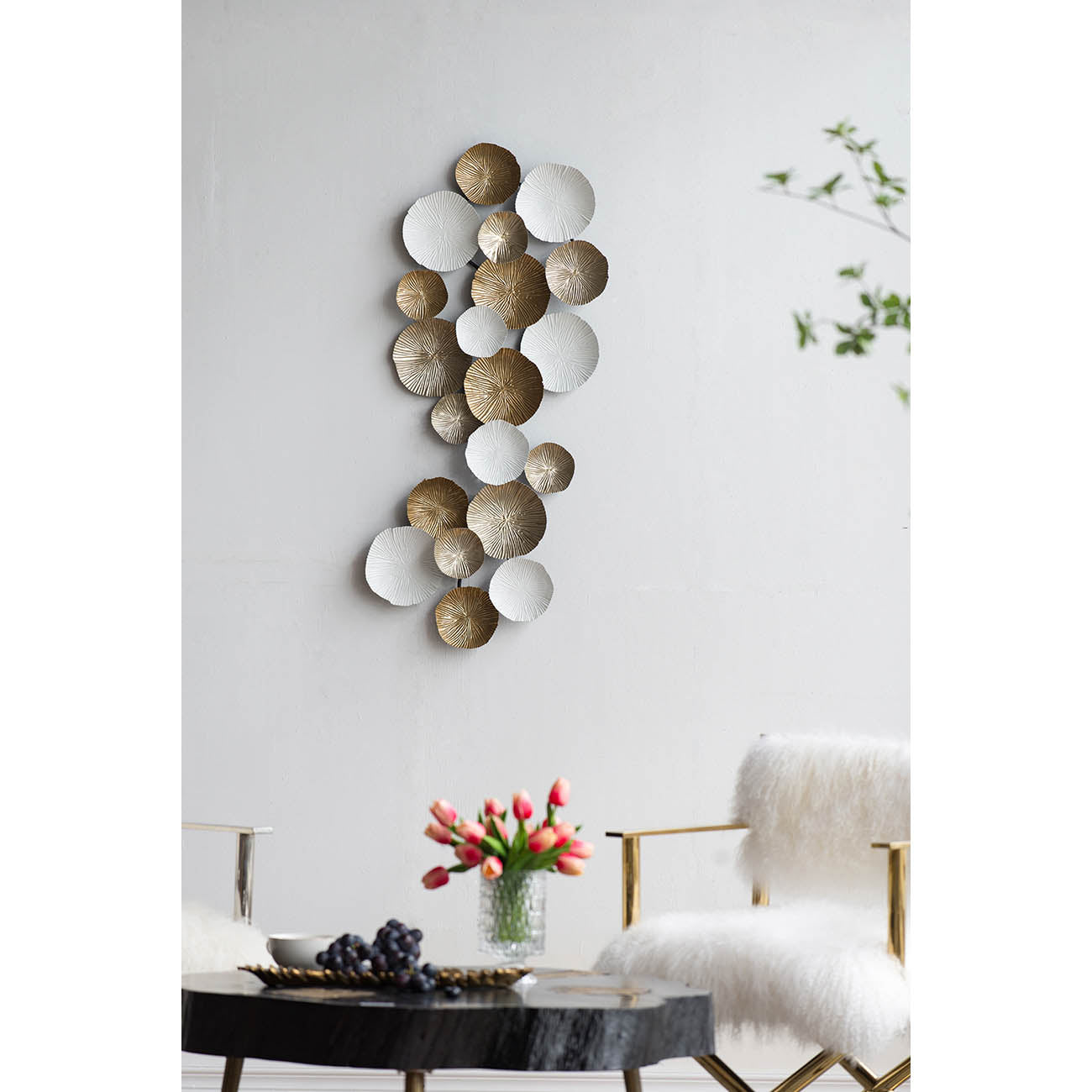 39.5" X 18" Metal Contemporary Wall Decor Accent, Large Hanging Sculpture For Bedroom Entryway Living Room Golden White Iron