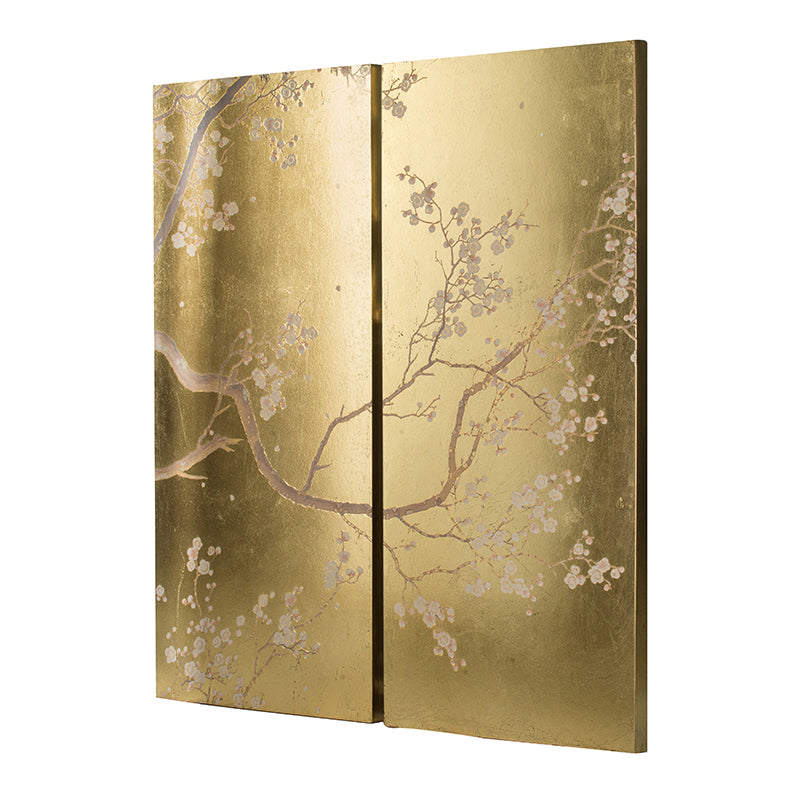 Set Of 2 Cherry Blossom Wall Art Panels, Wall Decor For Living Room Dining Room Office Bedroom, 21.5" X 47" Gold Mdf