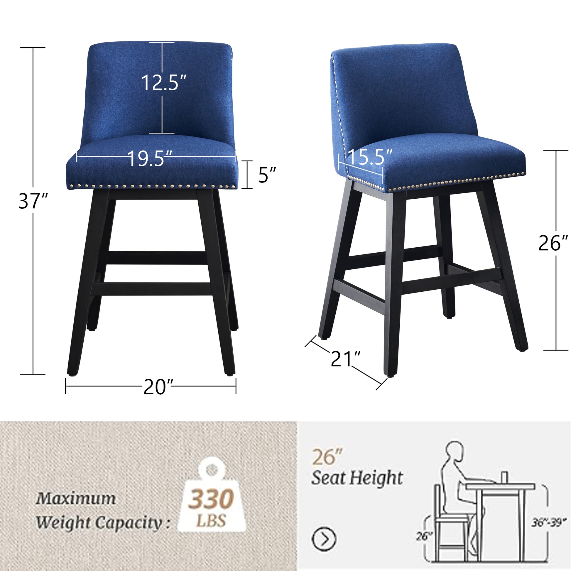 26" Upholstered Swivel Bar Stools Set Of 2, Modern Linen Fabric High Back Counter Stools With Nail Head Design And Wood Frame Rubberwood Dark Blue Brown Dining Room Sponge American Traditional Bar Stools Rubberwood Upholstered Fabric