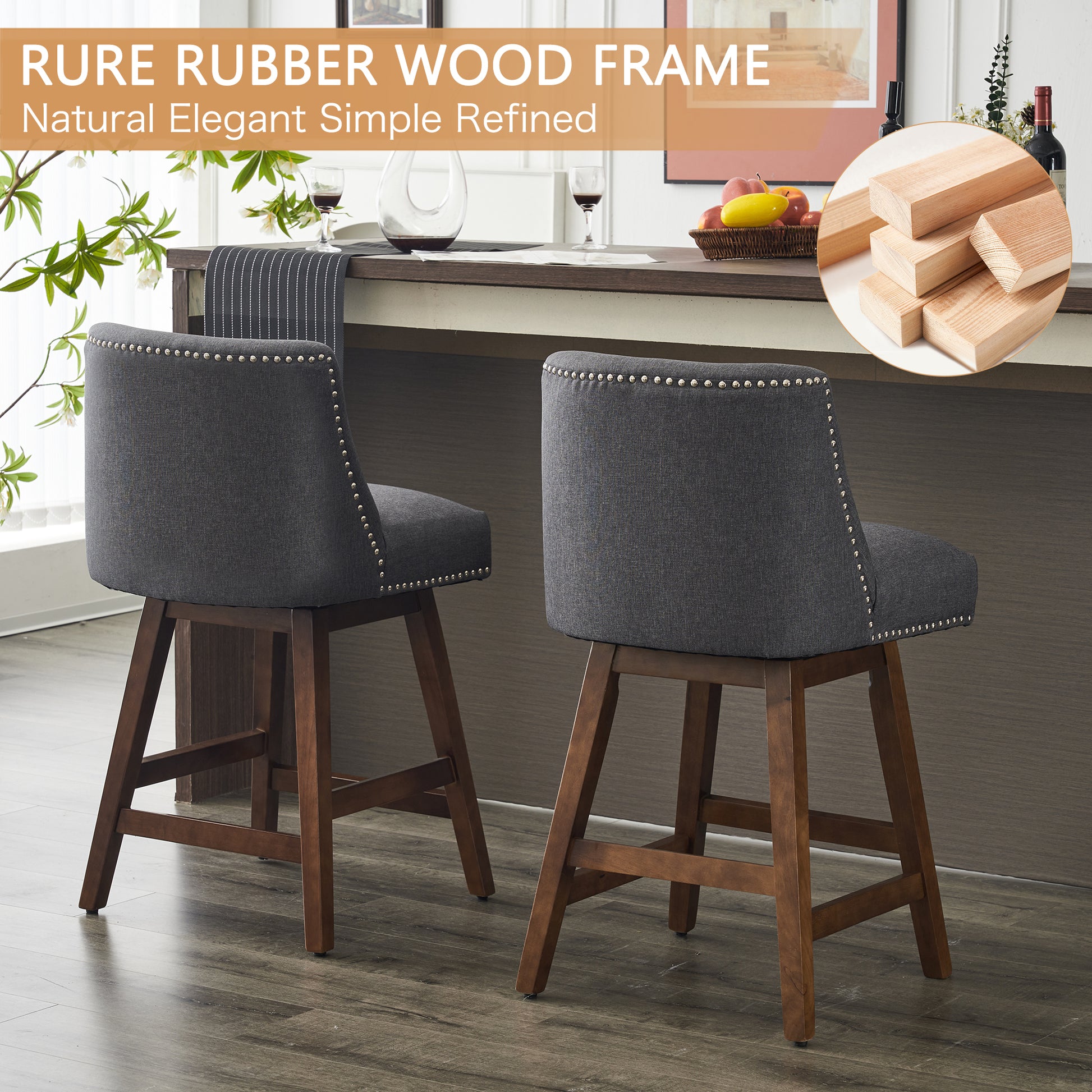 26" Upholstered Swivel Bar Stools Set Of 2, Modern Linen Fabric High Back Counter Stools With Nail Head Design And Wood Frame Rubberwood Grey Brown Dining Room Sponge American Traditional Bar Stools Rubberwood Upholstered Fabric