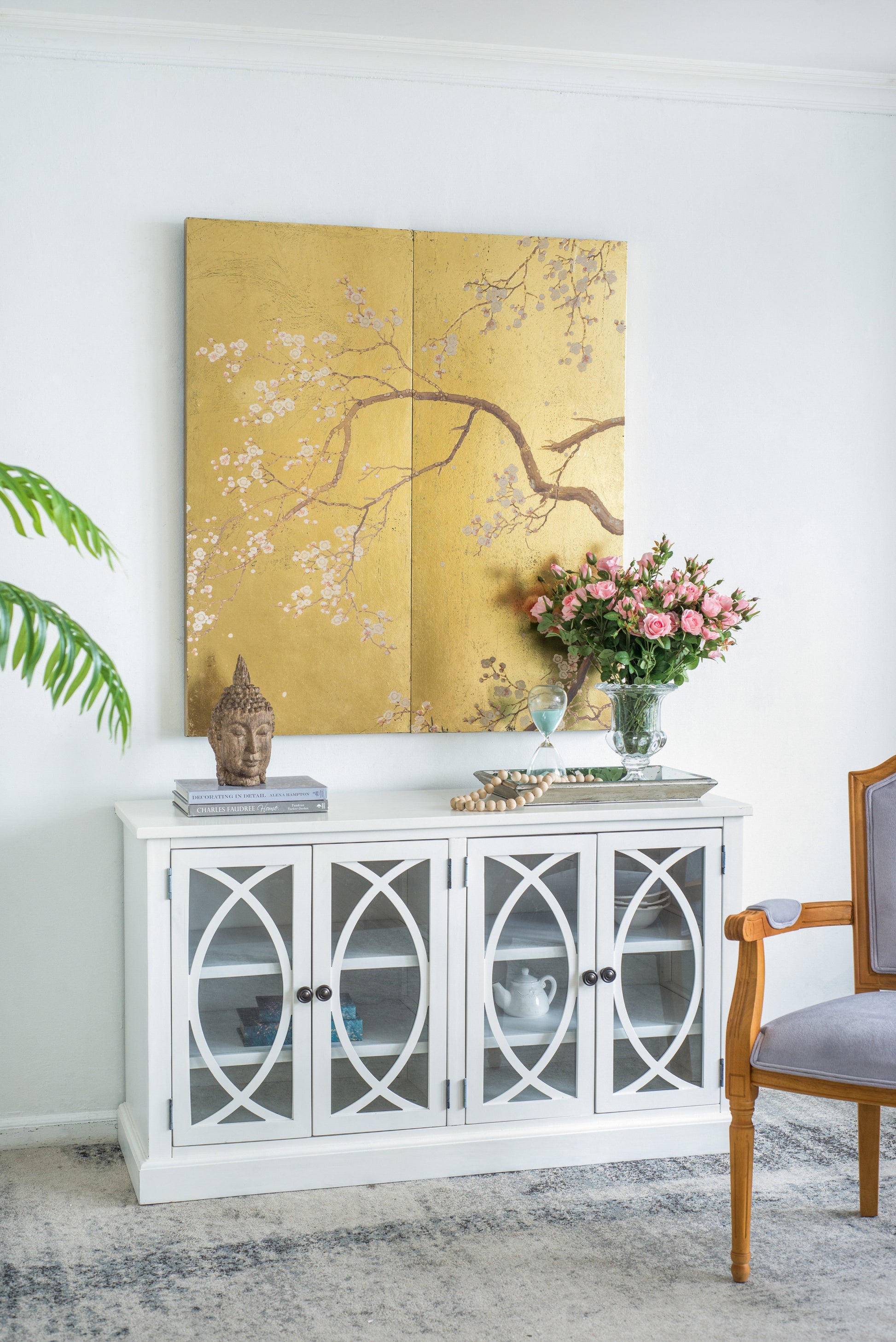 Set Of 2 Cherry Blossom Wall Art Panels, Wall Decor For Living Room Dining Room Office Bedroom, 21.5" X 47" Gold Mdf