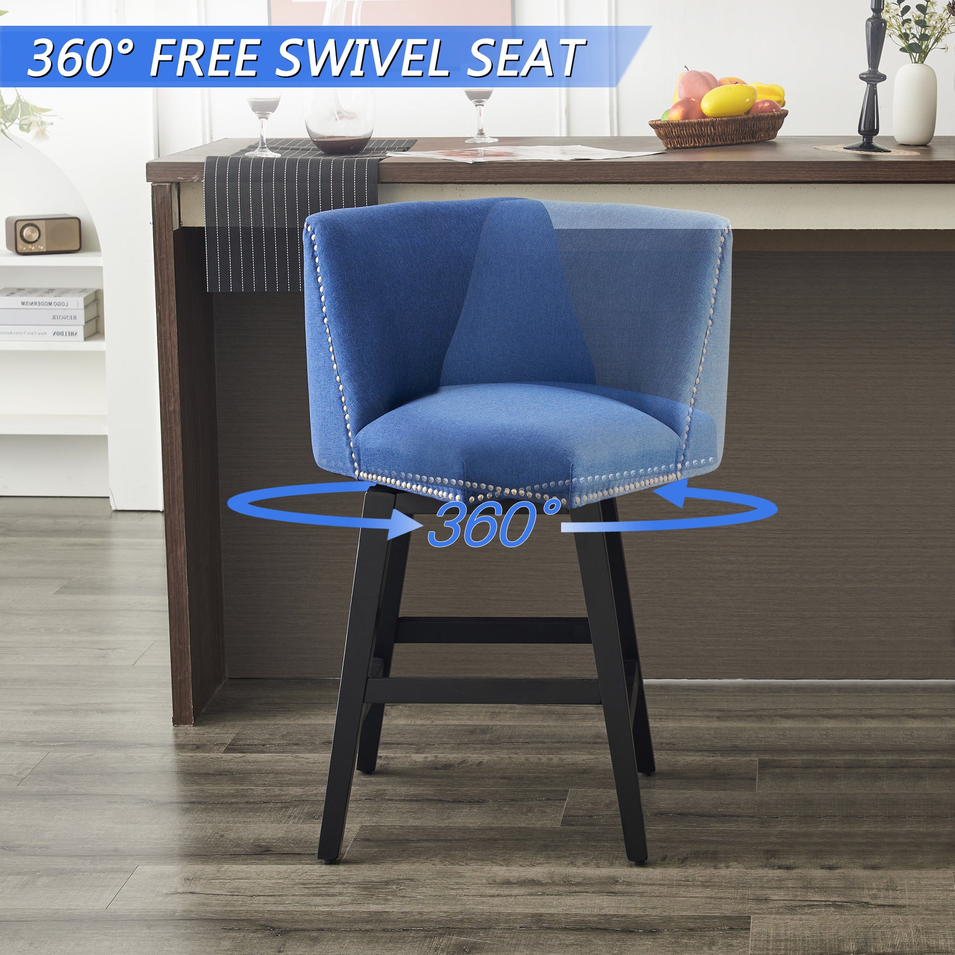 26" Upholstered Swivel Bar Stools Set Of 2, Modern Linen Fabric High Back Counter Stools With Nail Head Design And Wood Frame Rubberwood Dark Blue Brown Dining Room Sponge American Traditional Bar Stools Rubberwood Upholstered Fabric