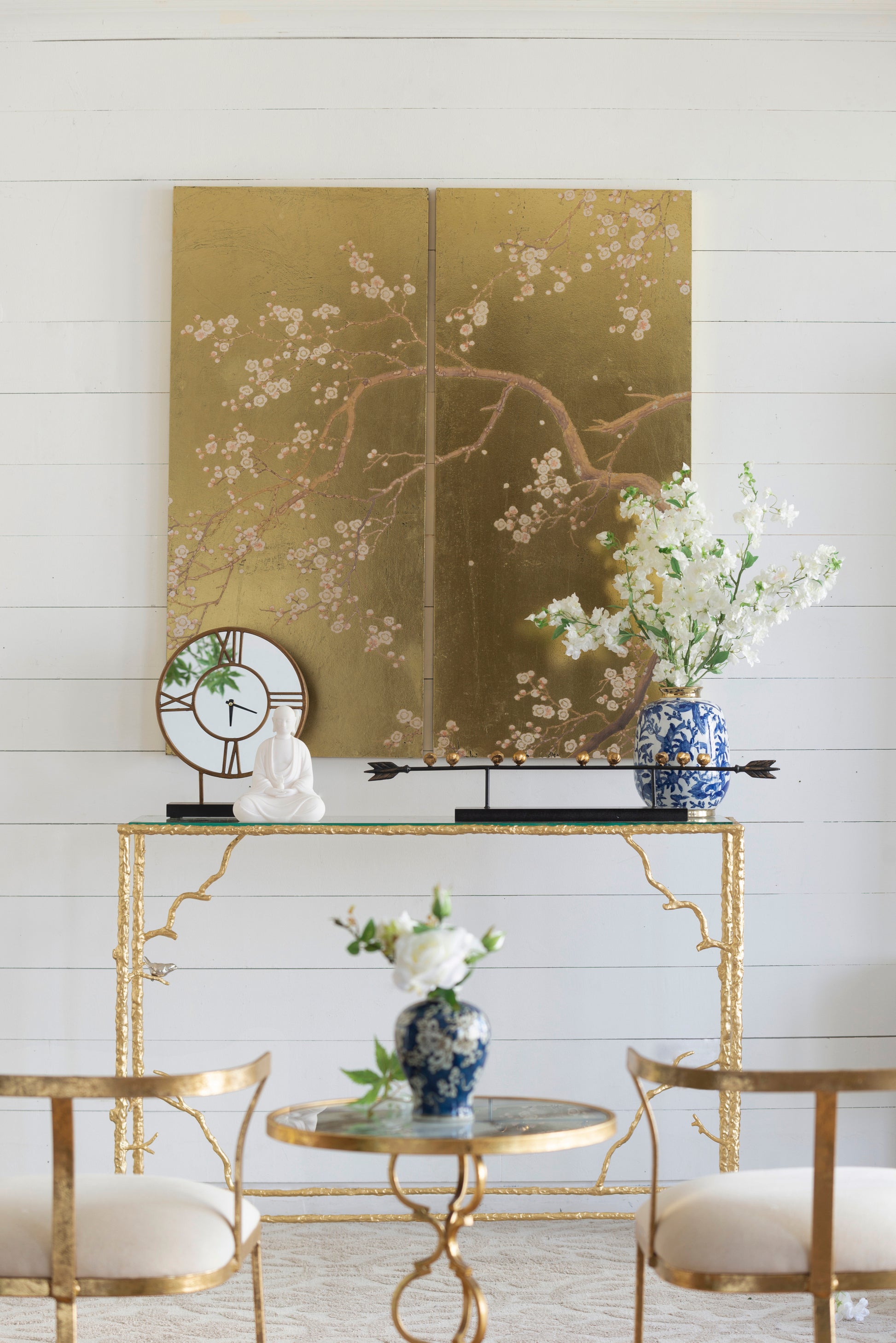 Set Of 2 Cherry Blossom Wall Art Panels, Wall Decor For Living Room Dining Room Office Bedroom, 21.5" X 47" Gold Mdf