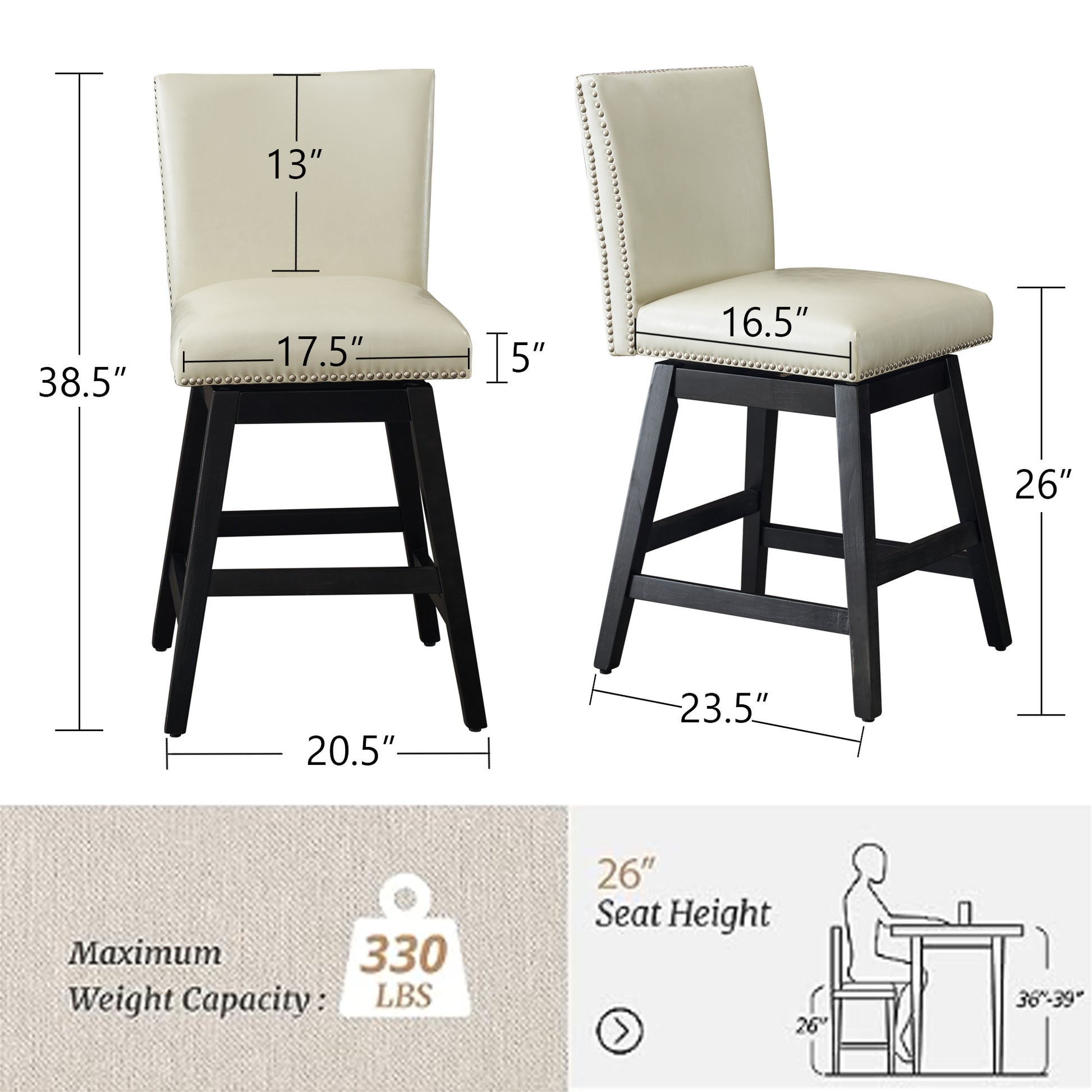 26" Upholstered Swivel Bar Stools Set Of 2, Modern Pu Leather High Back Counter Stools With Nail Head Design And Wood Frame Rubberwood Cream White Brown Dining Room Sponge American Traditional Bar Stools Rubberwood Upholstered Fabric