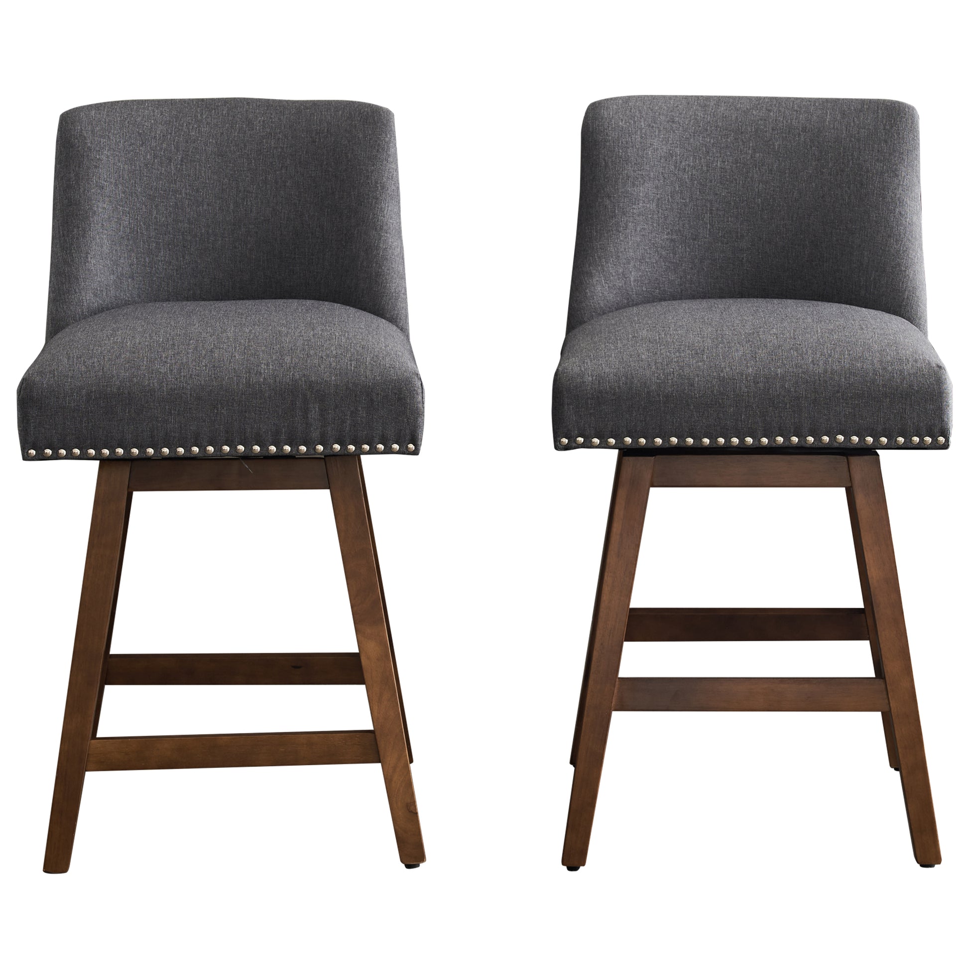 26" Upholstered Swivel Bar Stools Set Of 2, Modern Linen Fabric High Back Counter Stools With Nail Head Design And Wood Frame Rubberwood Grey Brown Dining Room Sponge American Traditional Bar Stools Rubberwood Upholstered Fabric