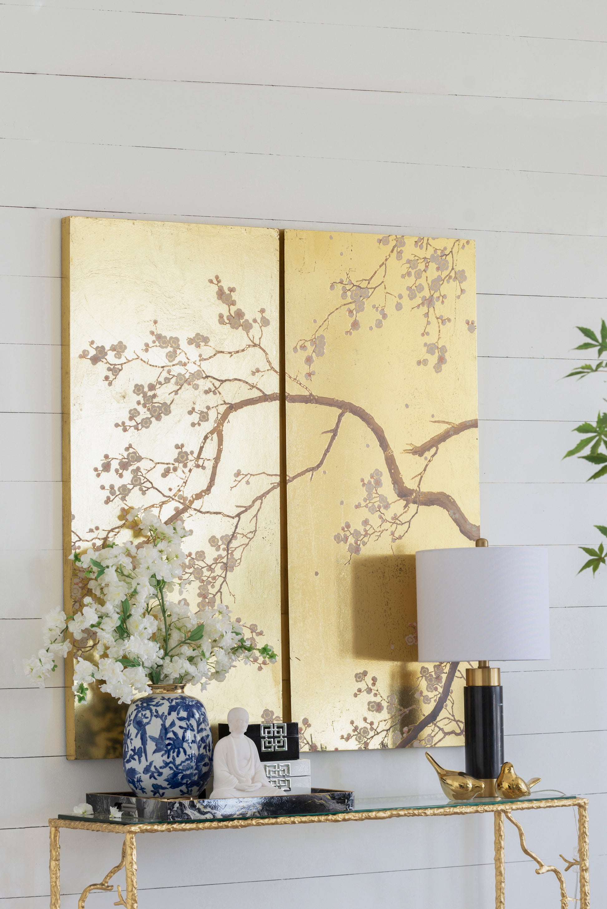 Set Of 2 Cherry Blossom Wall Art Panels, Wall Decor For Living Room Dining Room Office Bedroom, 21.5" X 47" Gold Mdf