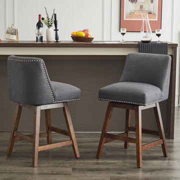 26" Upholstered Swivel Bar Stools Set Of 2, Modern Linen Fabric High Back Counter Stools With Nail Head Design And Wood Frame Rubberwood Grey Brown Dining Room Sponge American Traditional Bar Stools Rubberwood Upholstered Fabric