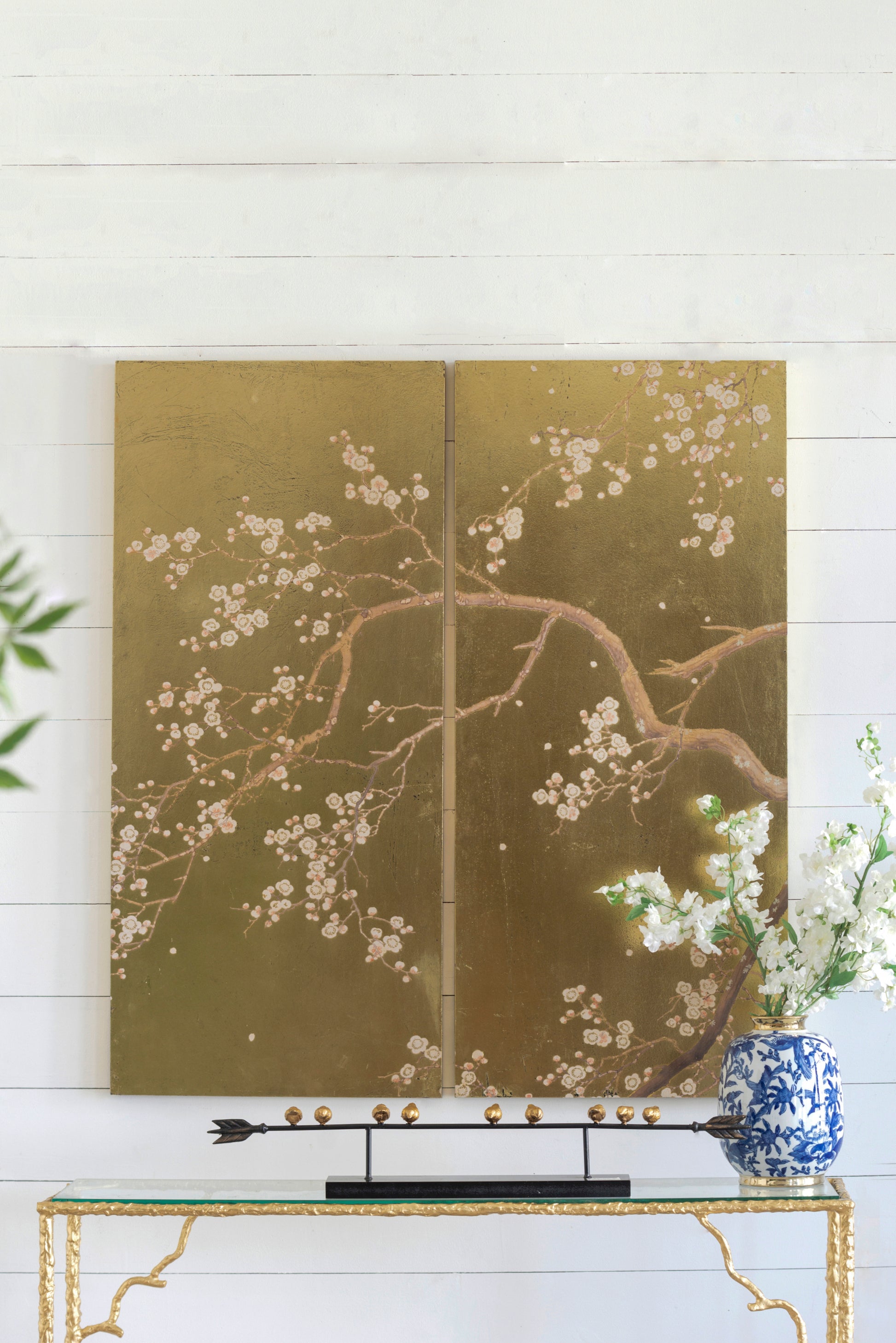 Set Of 2 Cherry Blossom Wall Art Panels, Wall Decor For Living Room Dining Room Office Bedroom, 21.5" X 47" Gold Mdf