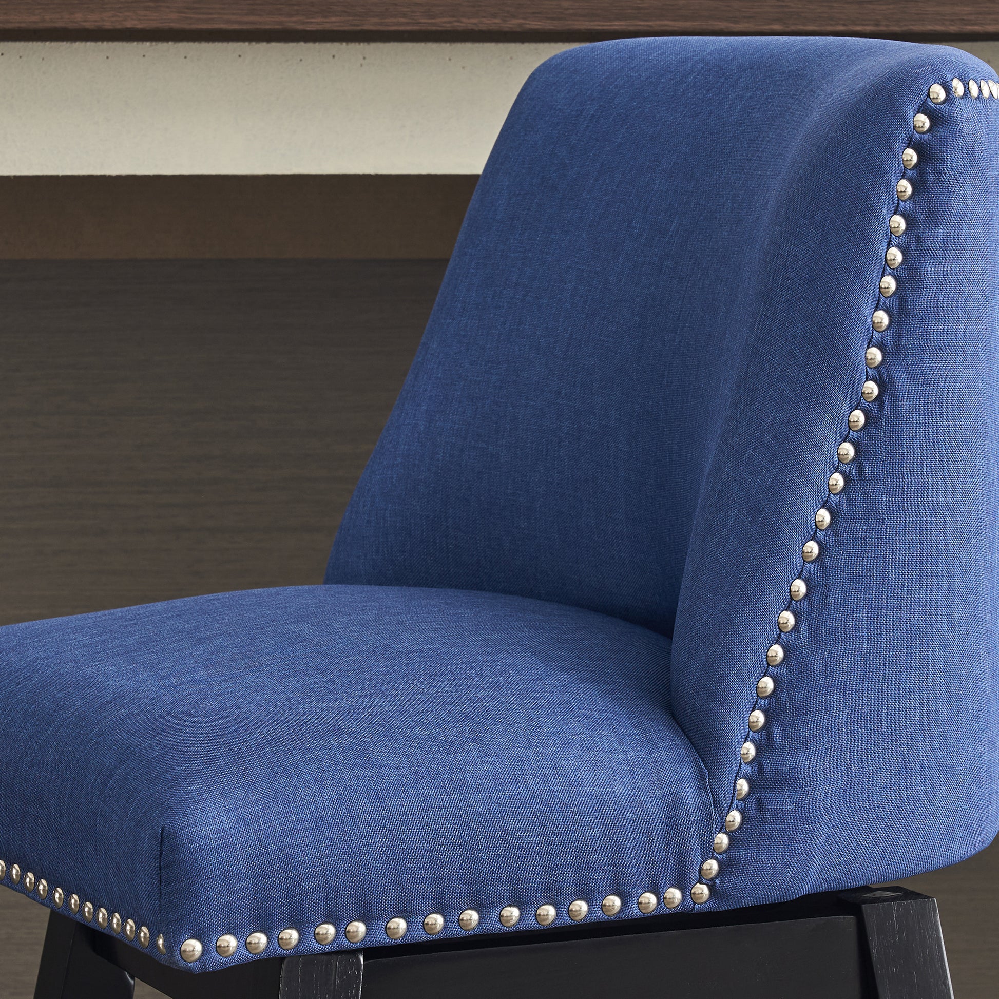 26" Upholstered Swivel Bar Stools Set Of 2, Modern Linen Fabric High Back Counter Stools With Nail Head Design And Wood Frame Rubberwood Dark Blue Brown Dining Room Sponge American Traditional Bar Stools Rubberwood Upholstered Fabric