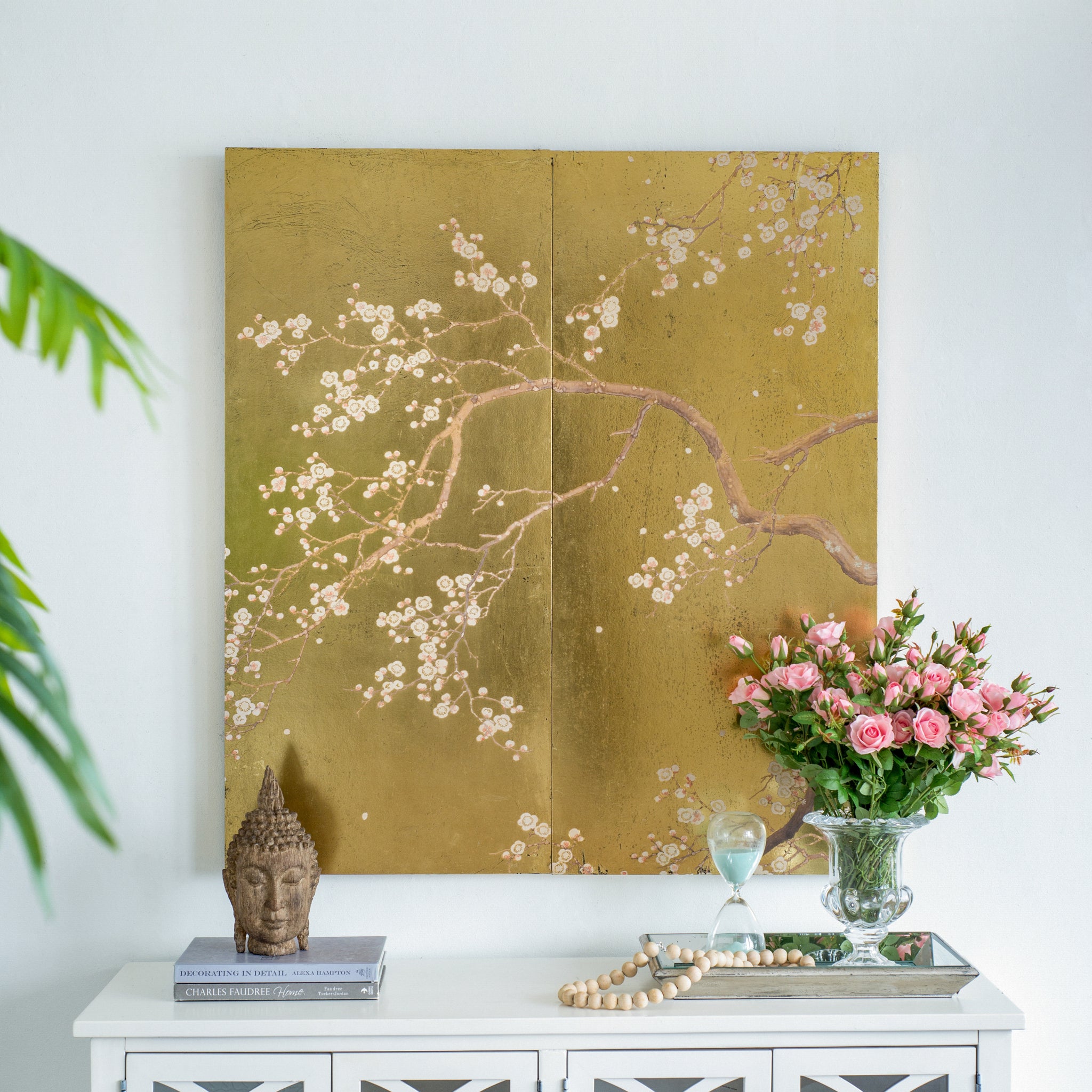 Set Of 2 Cherry Blossom Wall Art Panels, Wall Decor For Living Room Dining Room Office Bedroom, 21.5" X 47" Gold Mdf