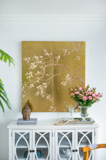 Set Of 2 Cherry Blossom Wall Art Panels, Wall Decor For Living Room Dining Room Office Bedroom, 21.5" X 47" Gold Mdf