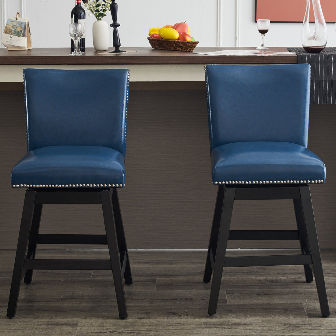 26" Upholstered Swivel Bar Stools Set Of 2, Modern Pu Leather High Back Counter Stools With Nail Head Design And Wood Frame Rubberwood Dark Blue Brown Dining Room Sponge American Traditional Bar Stools Rubberwood Upholstered Fabric