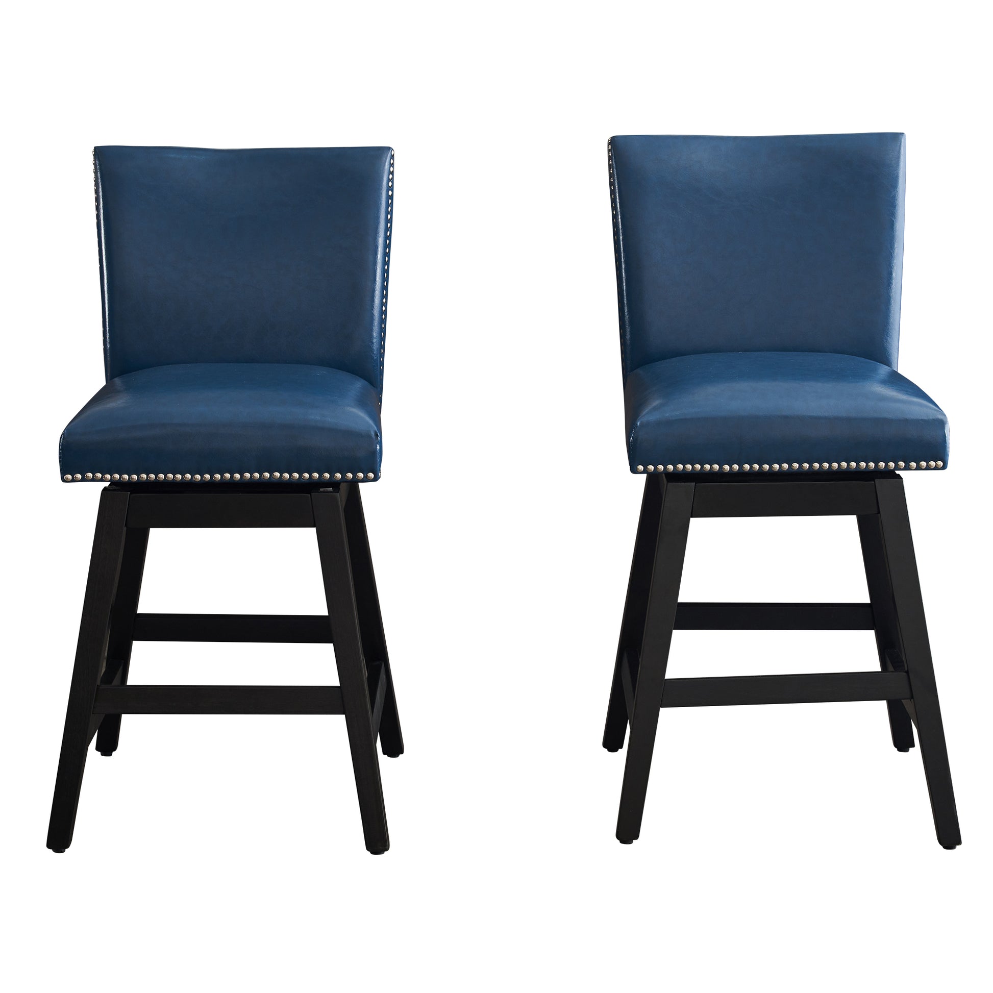 26" Upholstered Swivel Bar Stools Set Of 2, Modern Pu Leather High Back Counter Stools With Nail Head Design And Wood Frame Rubberwood Dark Blue Brown Dining Room Sponge American Traditional Bar Stools Rubberwood Upholstered Fabric