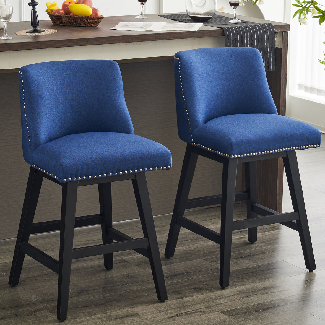 26" Upholstered Swivel Bar Stools Set Of 2, Modern Linen Fabric High Back Counter Stools With Nail Head Design And Wood Frame Rubberwood Dark Blue Brown Dining Room Sponge American Traditional Bar Stools Rubberwood Upholstered Fabric