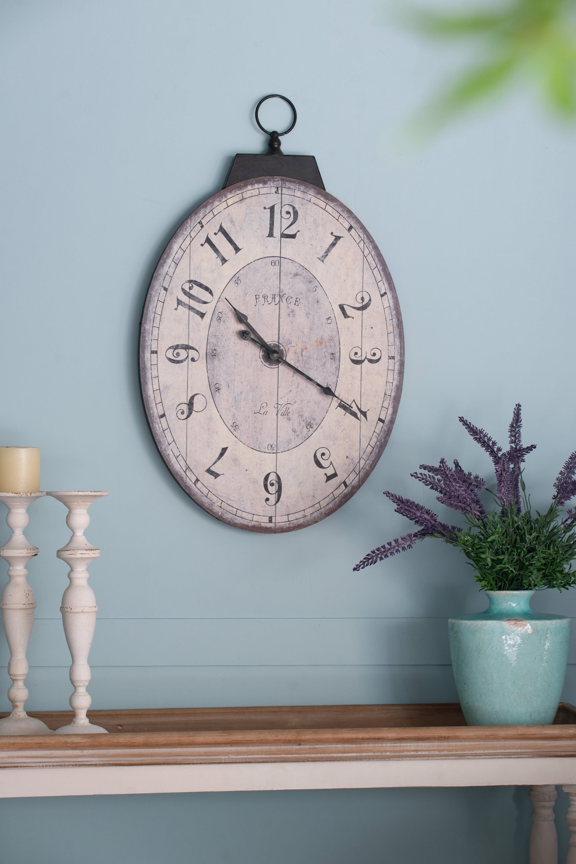 18" X 29" Antique White Oval Wall Clock, Traditional Vintage Home Decor Clock Ivory Mdf