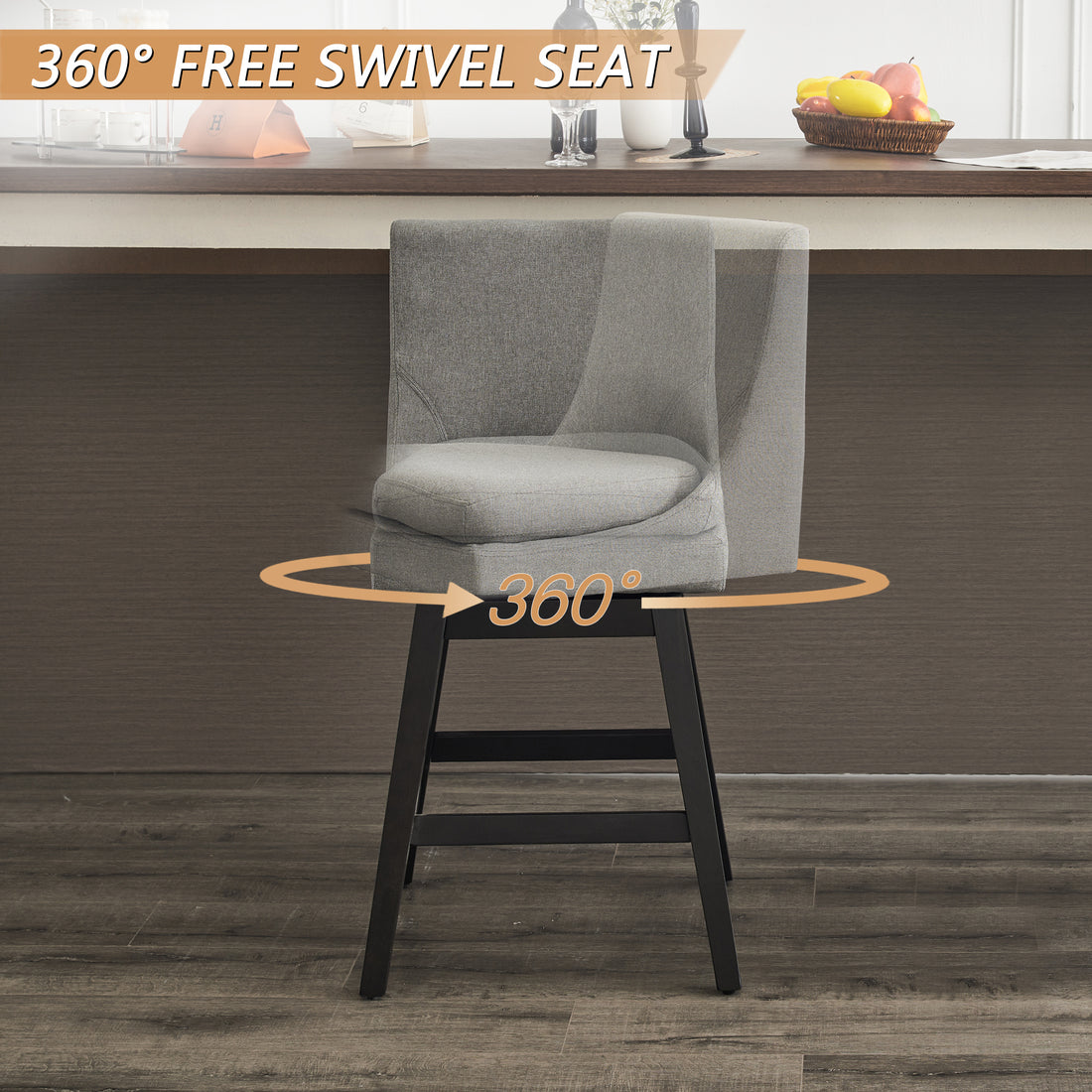 26" Upholstered Swivel Bar Stools Set Of 2, Modern Linen Fabric High Back Counter Stools With Ergonomic Design And Wood Frame Rubberwood Grey Brown Dining Room Sponge American Traditional Bar Stools Rubberwood Upholstered Fabric