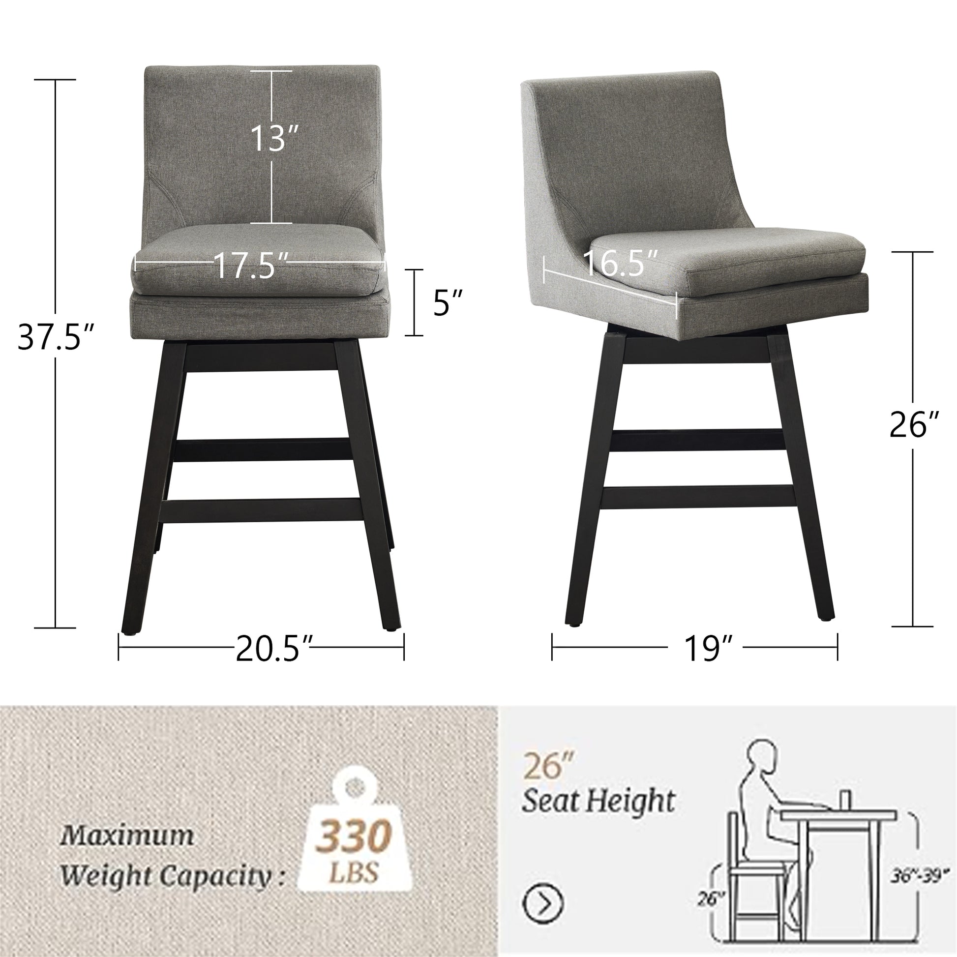 26" Upholstered Swivel Bar Stools Set Of 2, Modern Linen Fabric High Back Counter Stools With Ergonomic Design And Wood Frame Rubberwood Grey Brown Dining Room Sponge American Traditional Bar Stools Rubberwood Upholstered Fabric