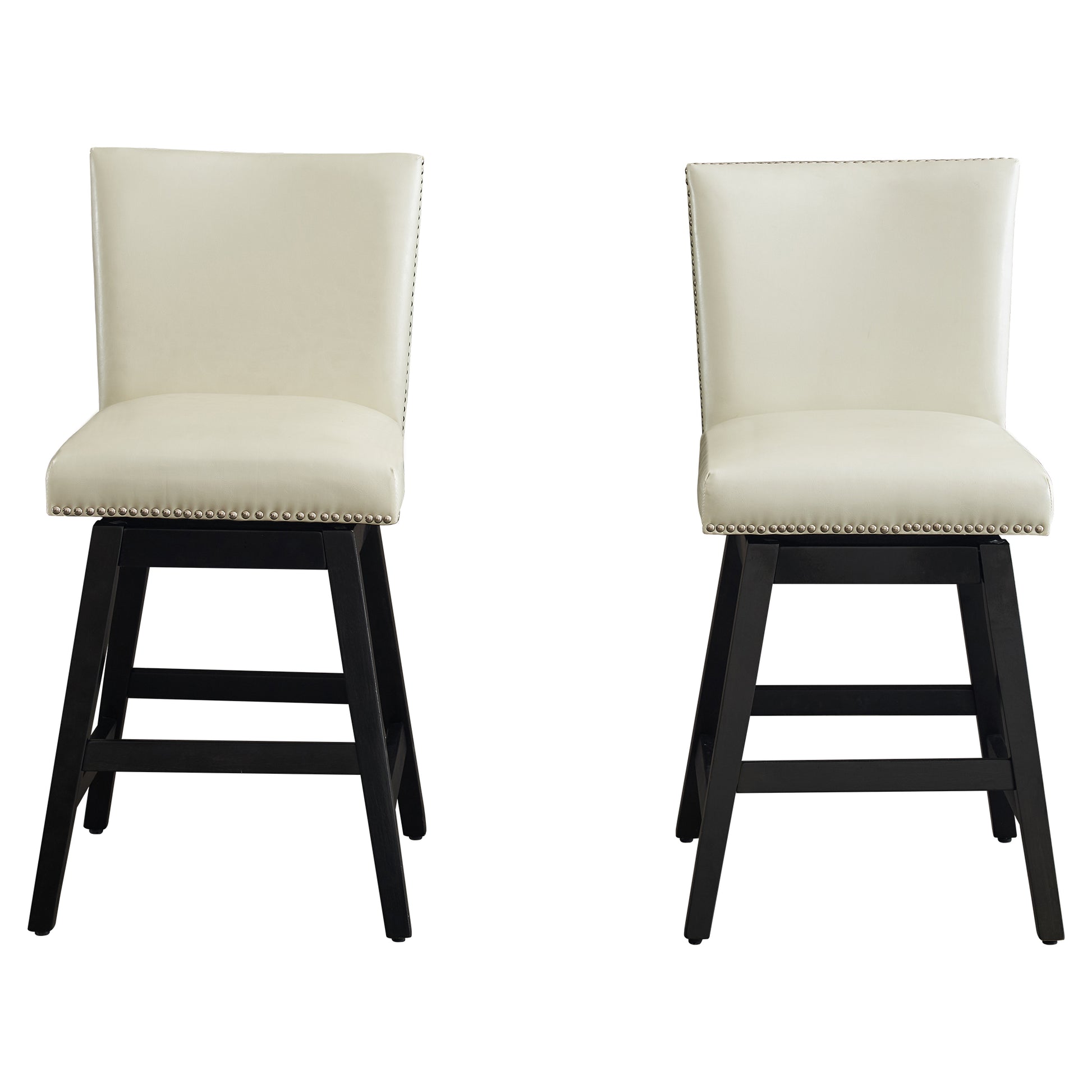 26" Upholstered Swivel Bar Stools Set Of 2, Modern Pu Leather High Back Counter Stools With Nail Head Design And Wood Frame Rubberwood Cream White Brown Dining Room Sponge American Traditional Bar Stools Rubberwood Upholstered Fabric