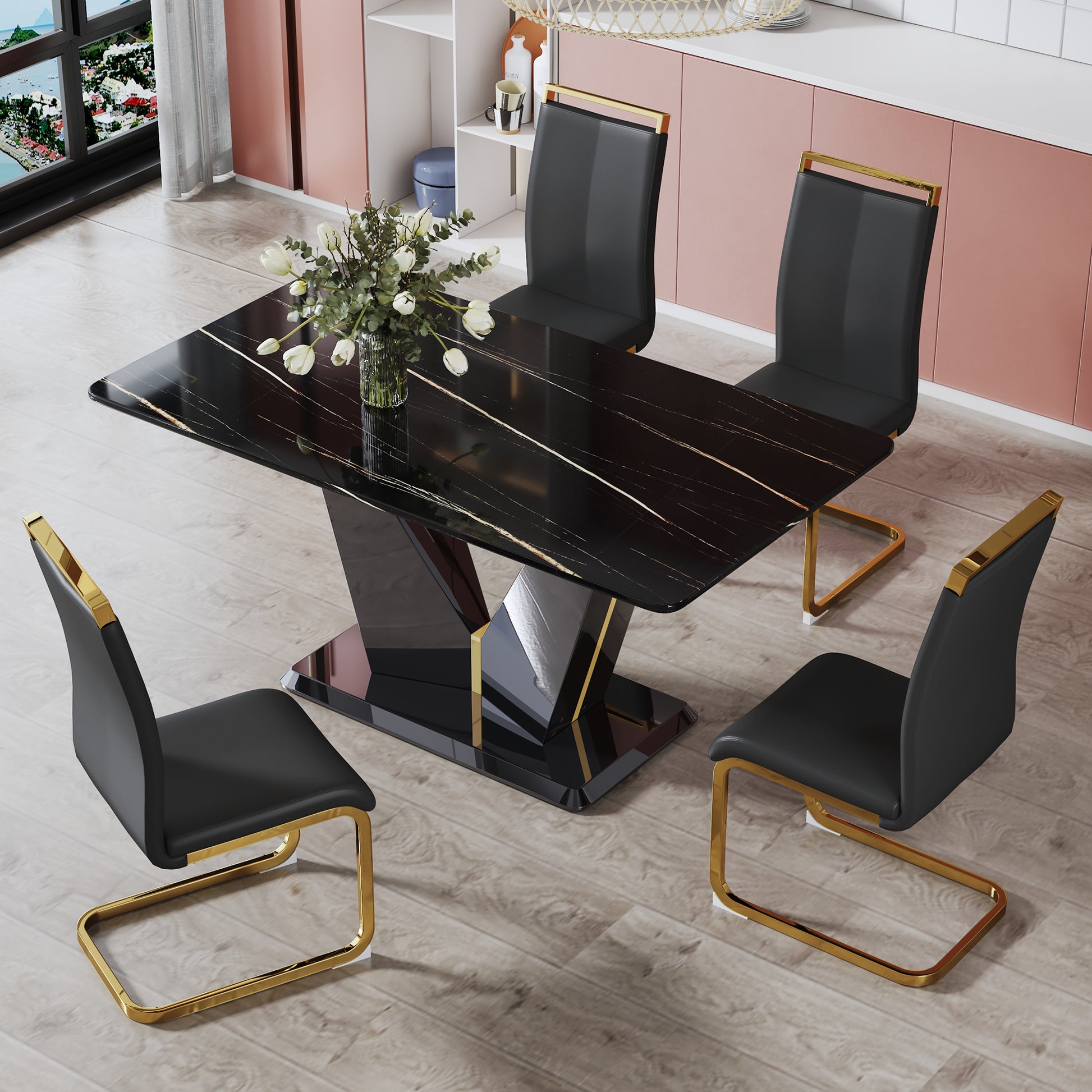 Modern Minimalist Rectangular Dining Table, 0.4 Inch Thick, With A Black Imitation Marble Pattern Desktop And Black Mdf Legs. Suitable For Kitchen And Restaurant 63''*35.4''X30" F Dv Black Mdf Glass