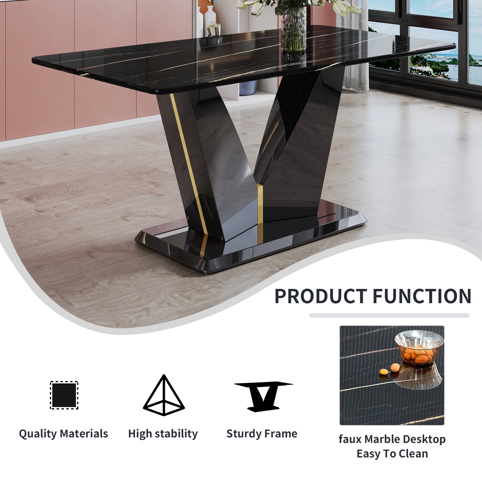 Modern Minimalist Rectangular Dining Table, 0.4 Inch Thick, With A Black Imitation Marble Pattern Desktop And Black Mdf Legs. Suitable For Kitchen And Restaurant 63''*35.4''X30" F Dv Black Mdf Glass