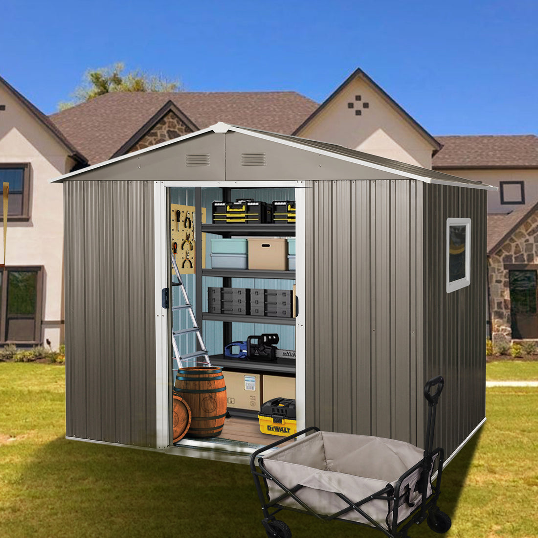 8Ft X 6Ft Outdoor Metal Storage Shed With Window Grey W540S00016 Grey Iron