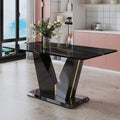 Modern Minimalist Rectangular Dining Table, 0.4 Inch Thick, With A Black Imitation Marble Pattern Desktop And Black Mdf Legs. Suitable For Kitchen And Restaurant 63''*35.4''X30