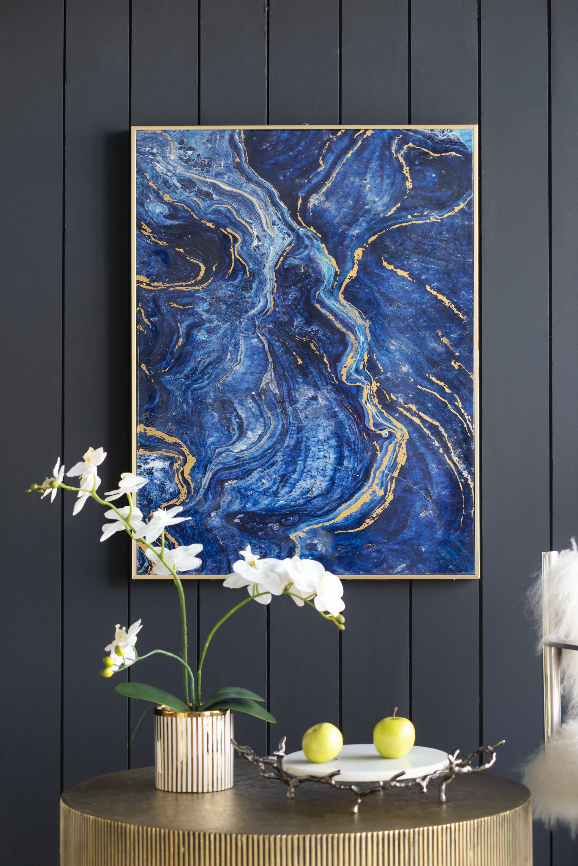 Set Of 2 Blue And Gold Framed Art Panels, Unique Marbled Design, 30.5" X 40" Blue Mdf