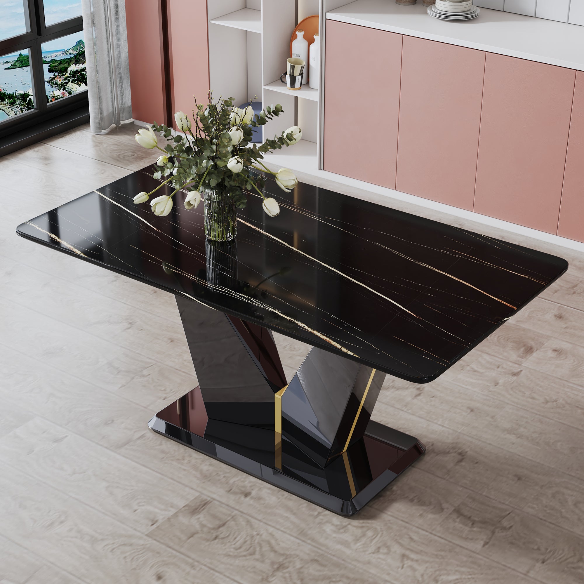 Modern Minimalist Rectangular Dining Table, 0.4 Inch Thick, With A Black Imitation Marble Pattern Desktop And Black Mdf Legs. Suitable For Kitchen And Restaurant 63''*35.4''X30" F Dv Black Mdf Glass